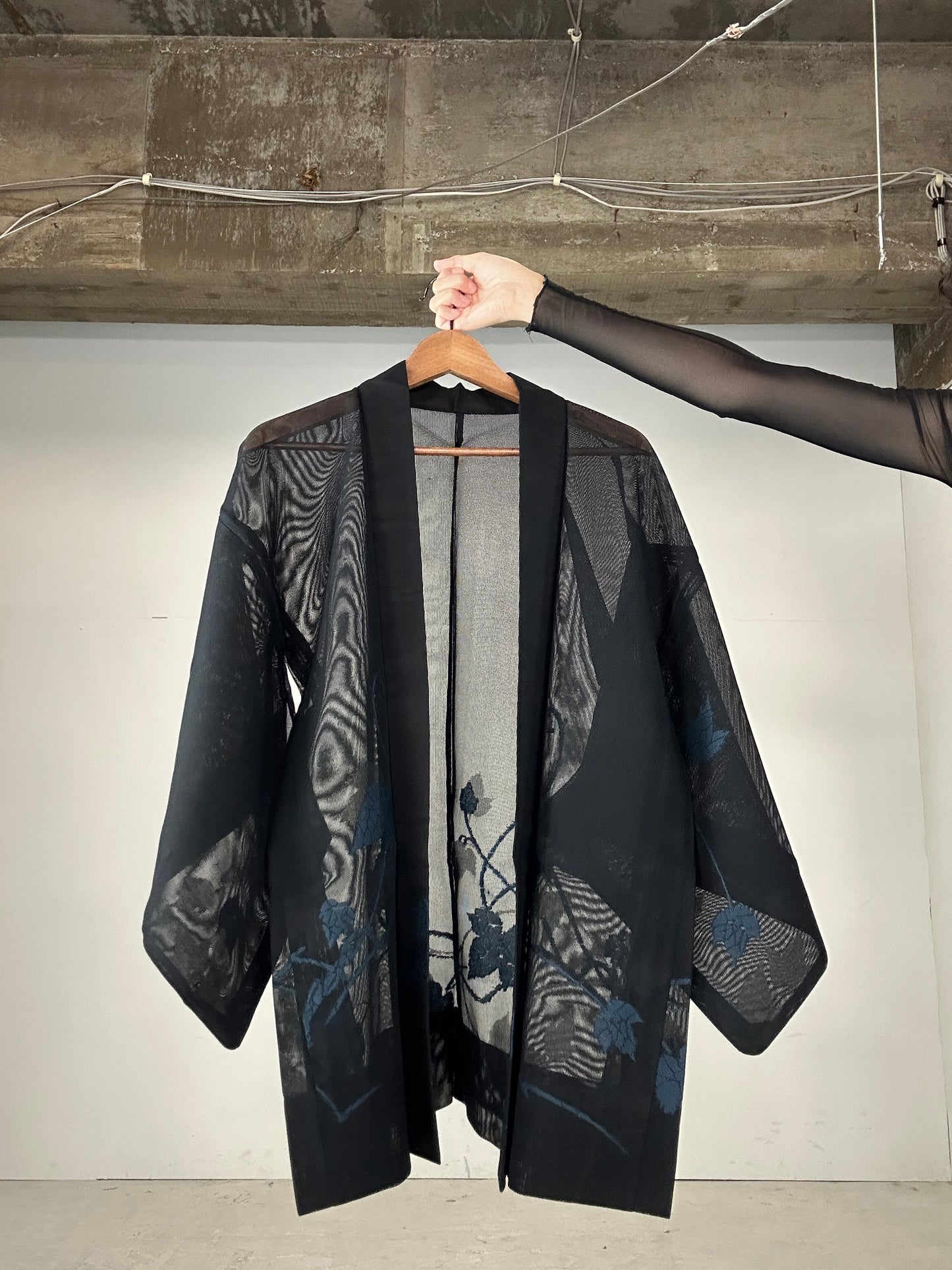 VINTAGE BLACK HAORI SHEER “blue leaf"