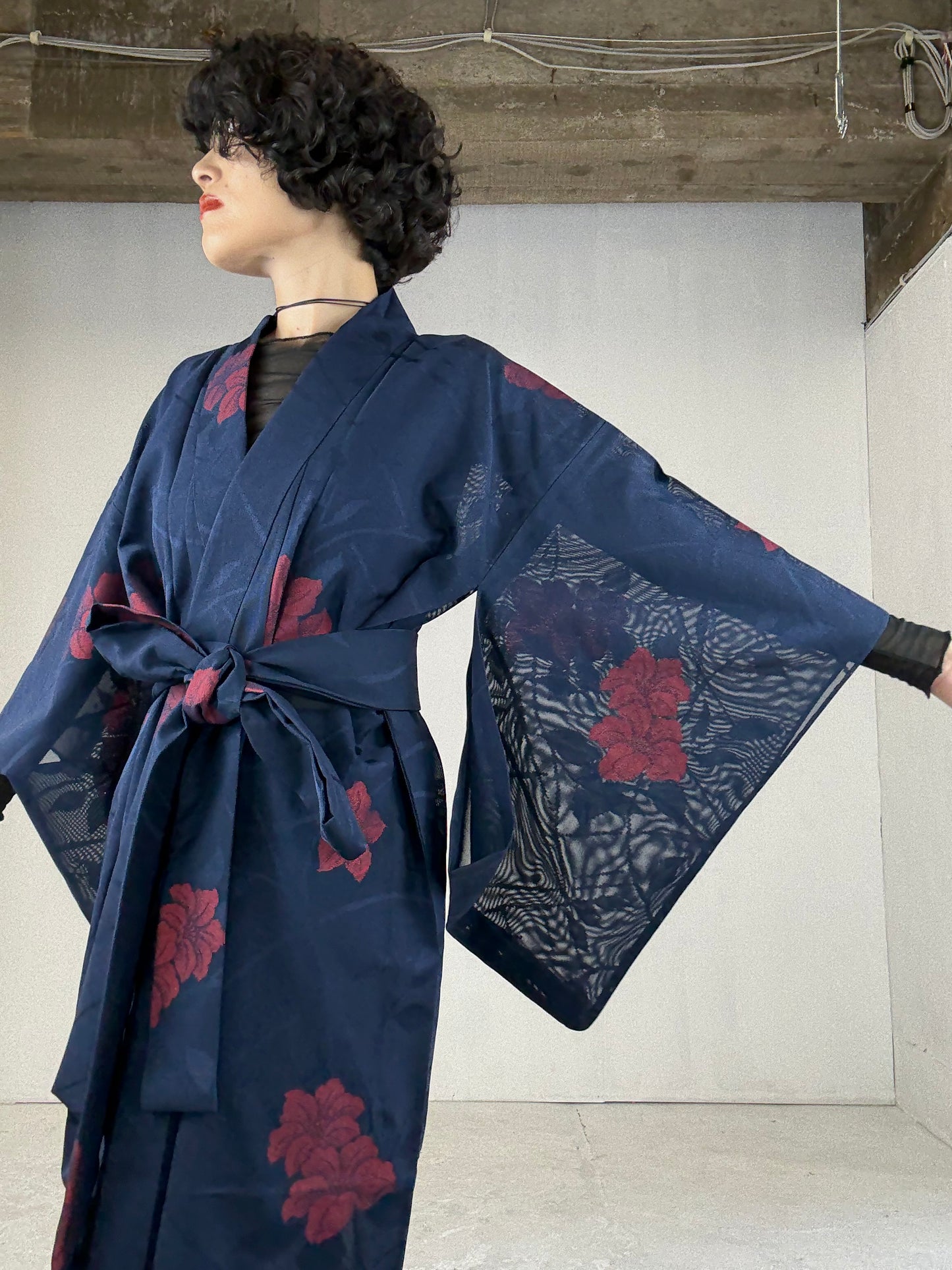 SHEER Kimono Dress Gown with String Belt – Upcycled from Japanese Kimono “Navy with Large Red Flowers” *damage