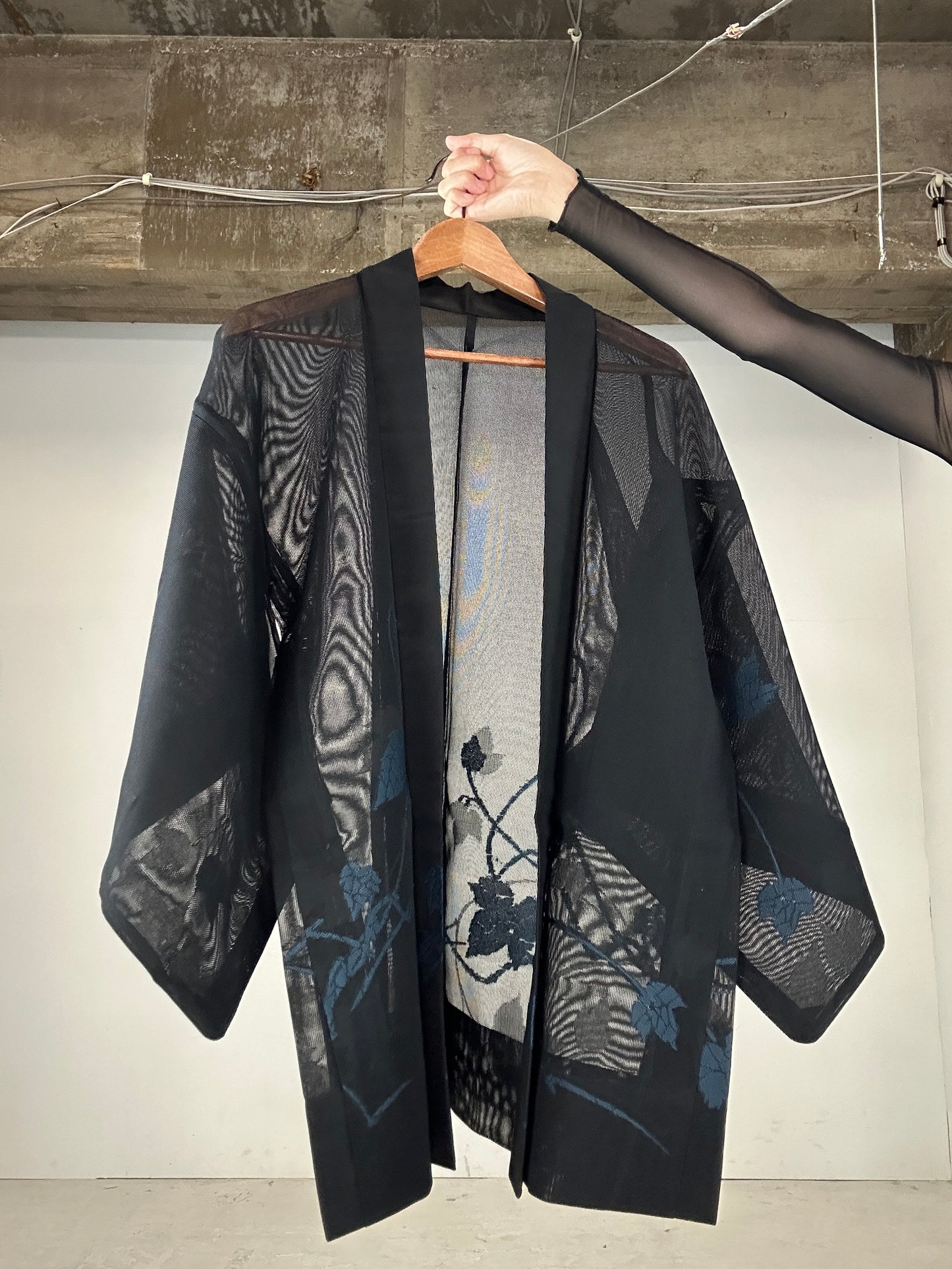 VINTAGE BLACK HAORI SHEER “blue leaf"