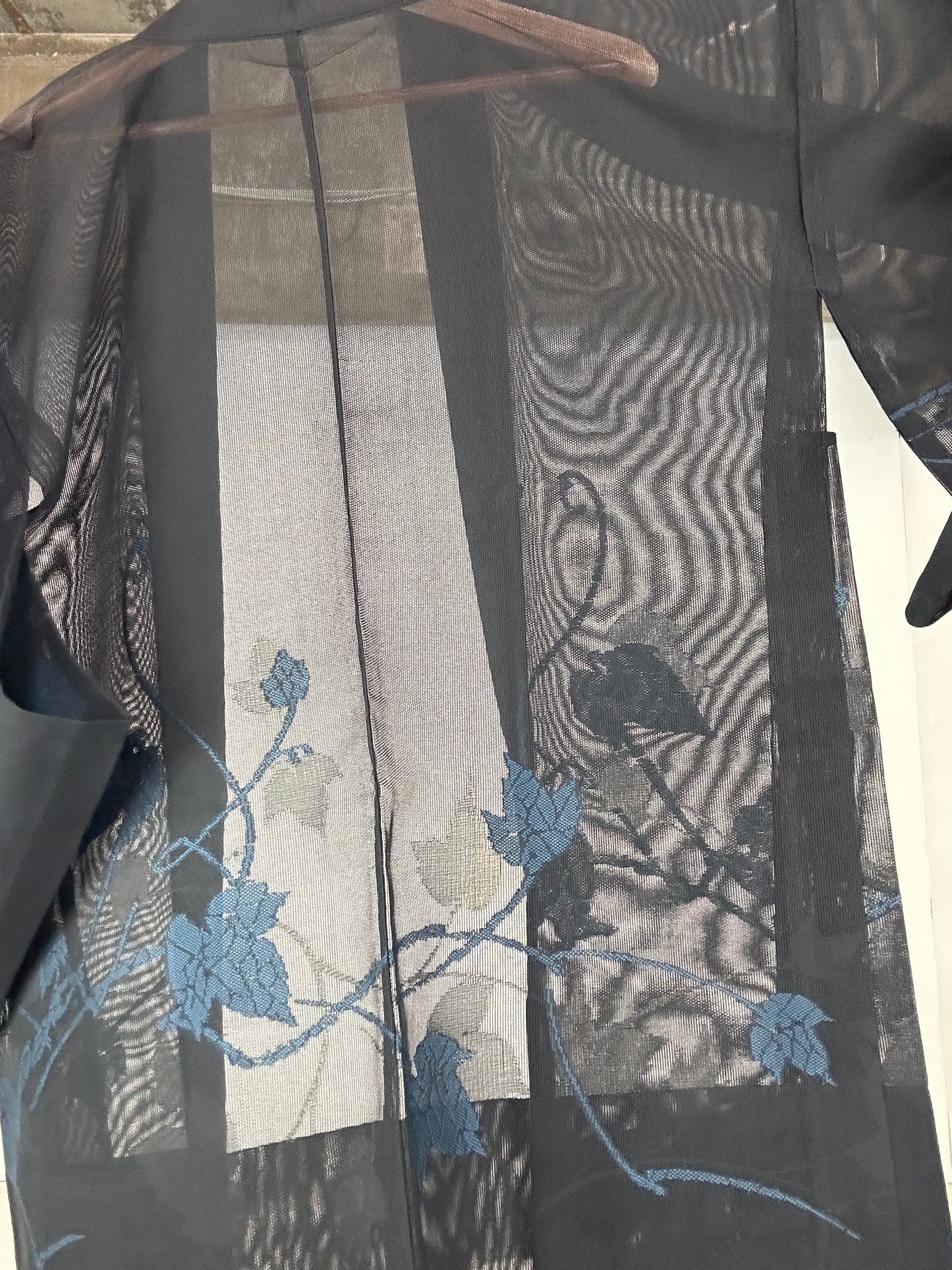 VINTAGE BLACK HAORI SHEER “blue leaf"