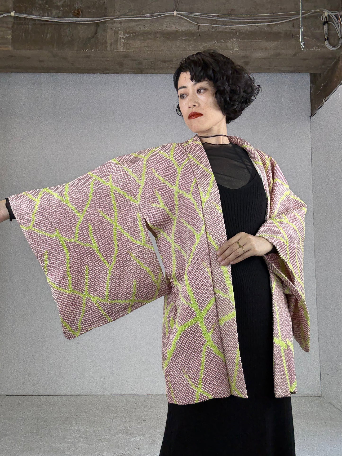VINTAGE SHIBORI HAORI "pink, yellow"