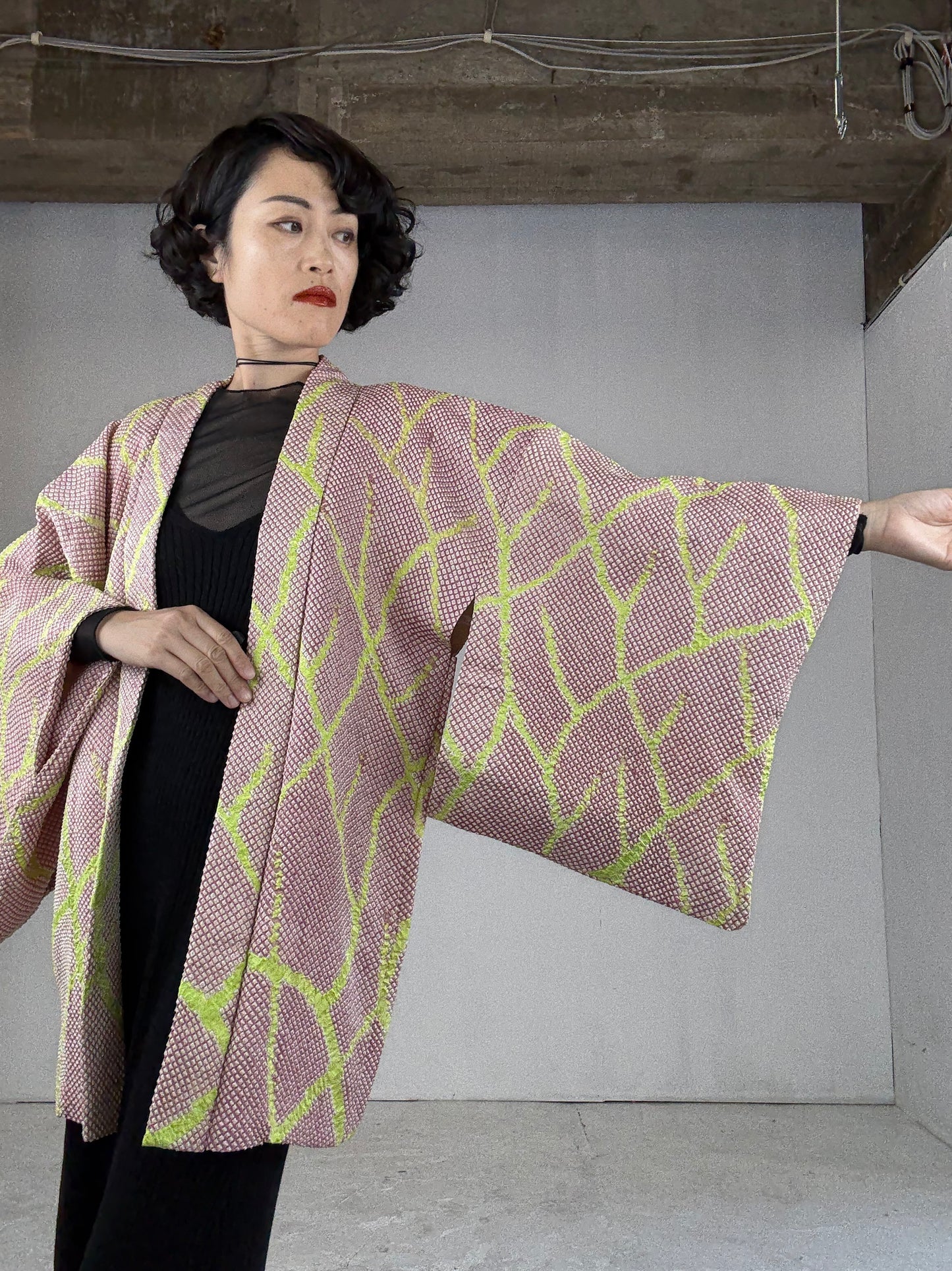 VINTAGE SHIBORI HAORI "pink, yellow"