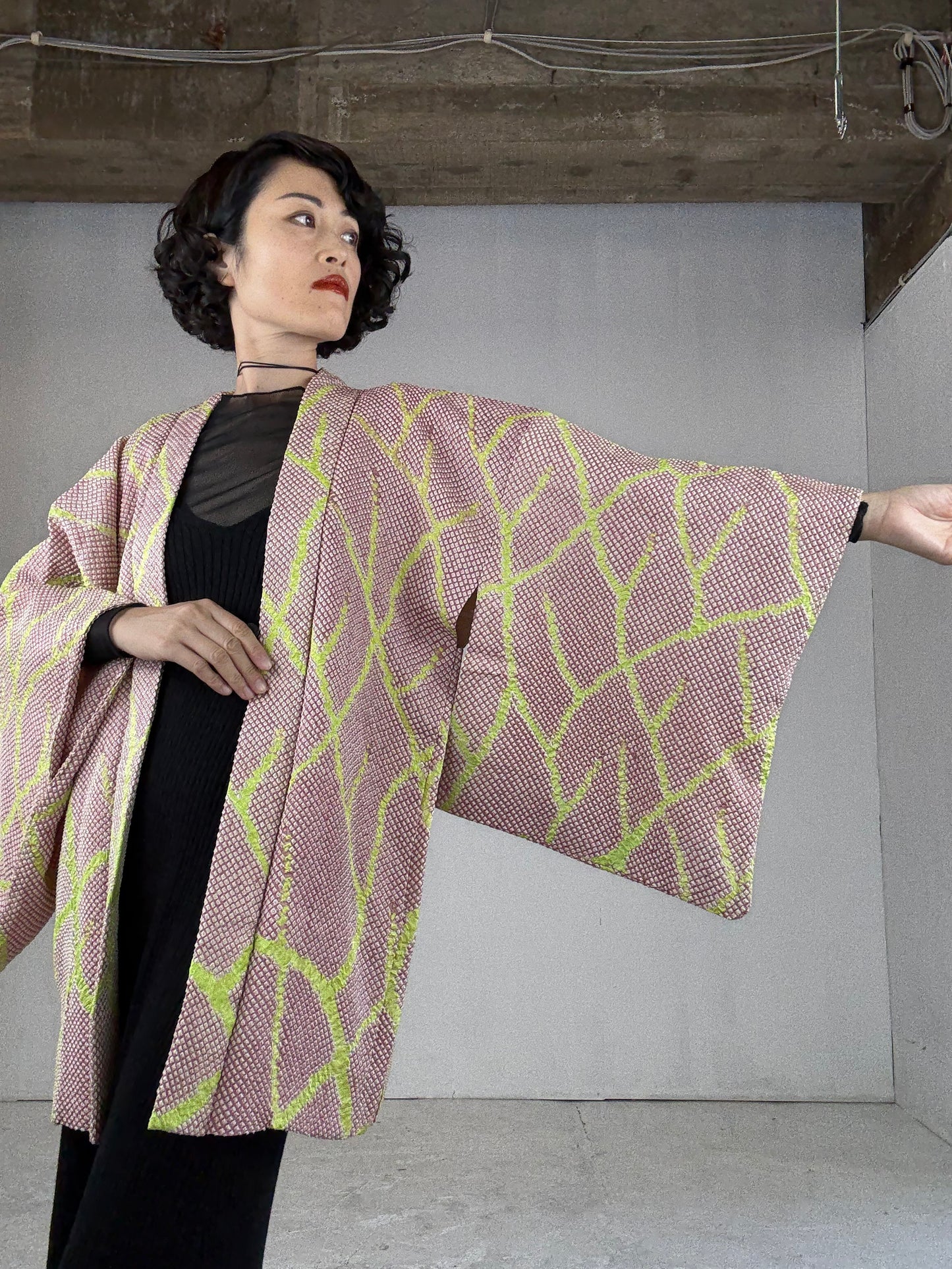 VINTAGE SHIBORI HAORI "pink, yellow"