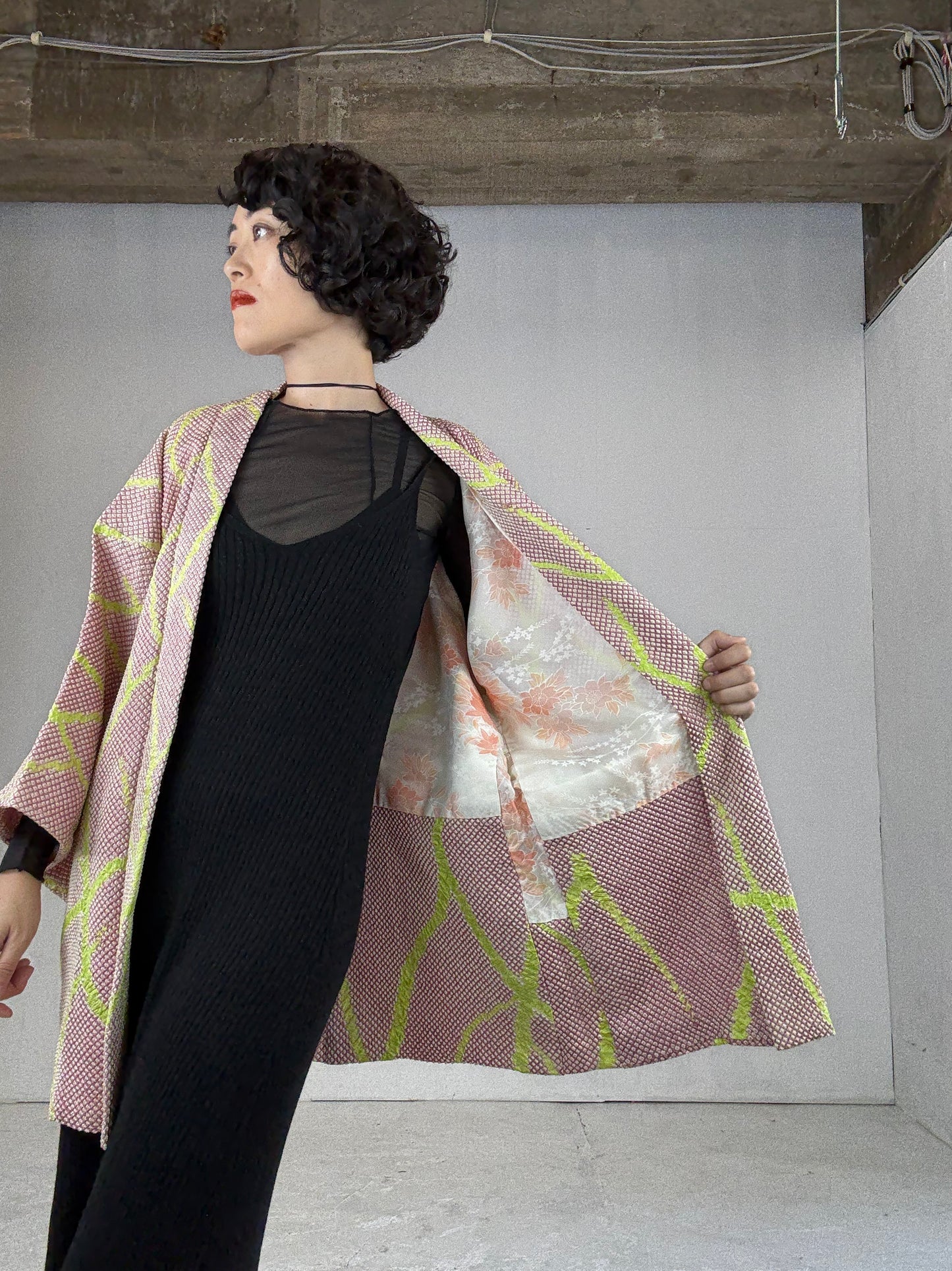 VINTAGE SHIBORI HAORI "pink, yellow"