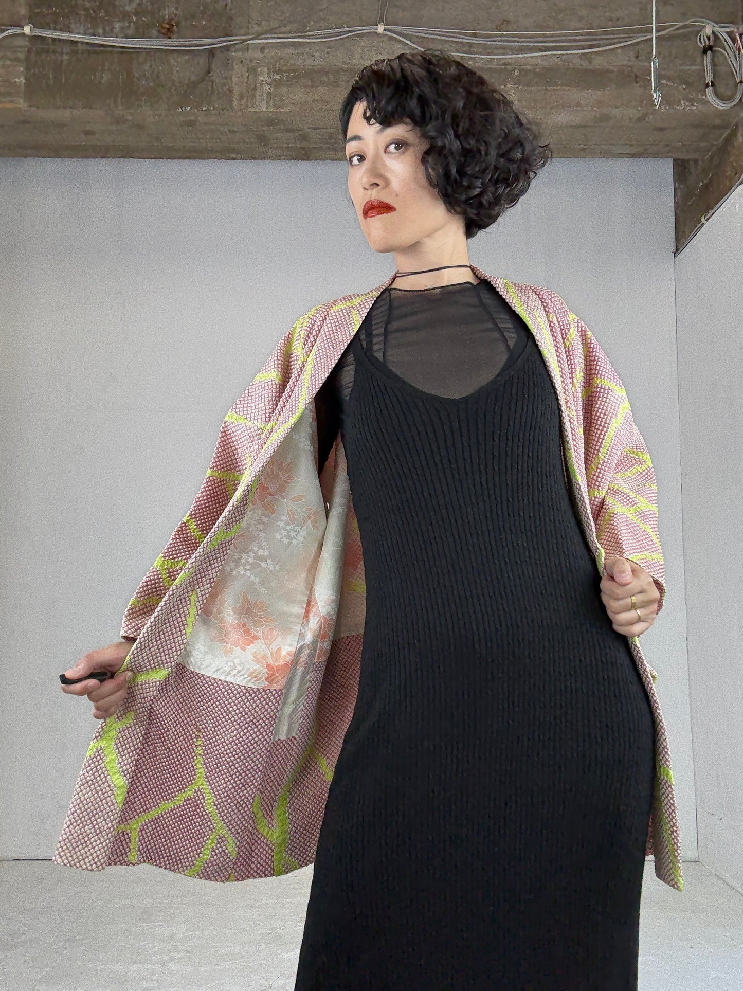VINTAGE SHIBORI HAORI "pink, yellow"