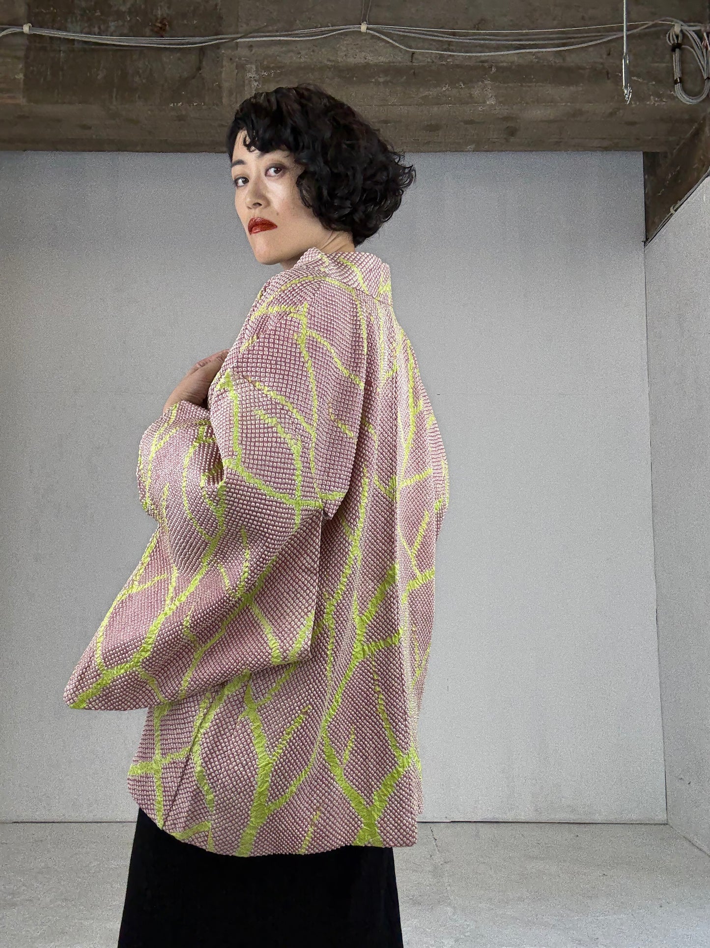 VINTAGE SHIBORI HAORI "pink, yellow"