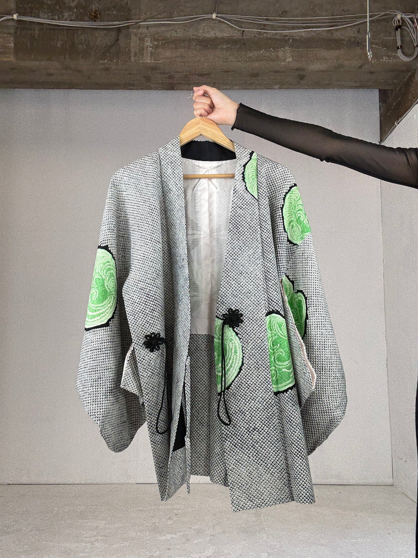 VINTAGE SHIBORI DOUCHUUGI - SPECIAL REPAIR PRODUCT “black, green, handmade silk tie”