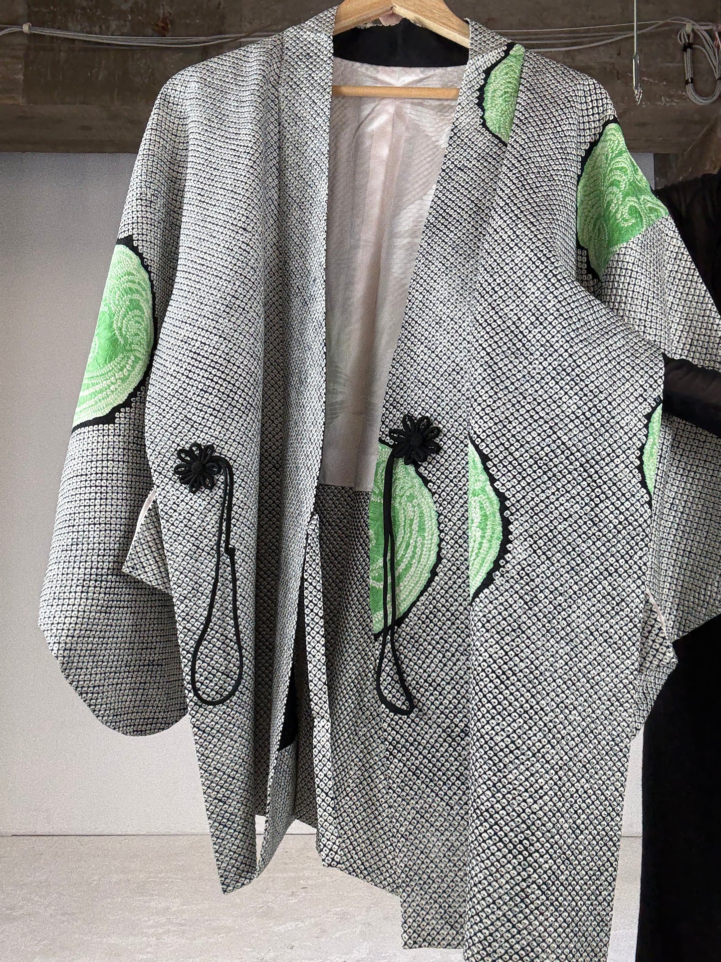 VINTAGE SHIBORI DOUCHUUGI - SPECIAL REPAIR PRODUCT “black, green, handmade silk tie”