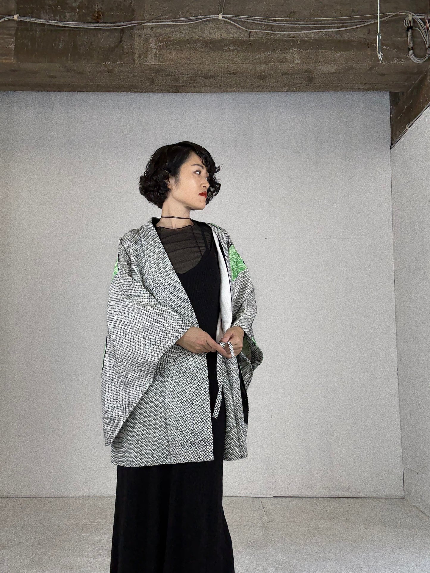 VINTAGE SHIBORI DOUCHUUGI - SPECIAL REPAIR PRODUCT “black, green, handmade silk tie”