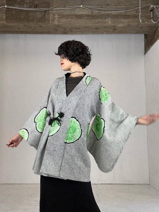 VINTAGE SHIBORI DOUCHUUGI - SPECIAL REPAIR PRODUCT “black, green, handmade silk tie”