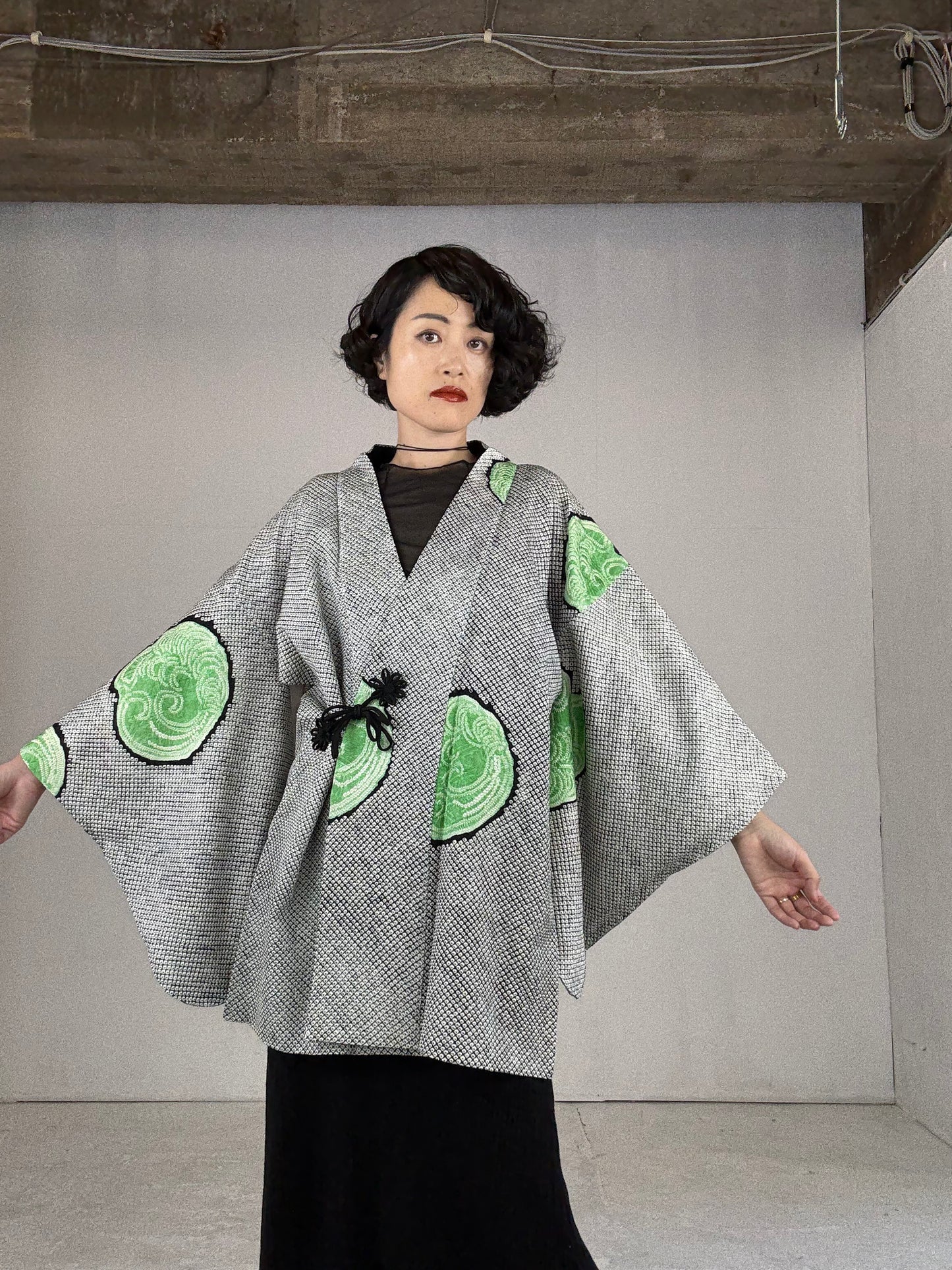 VINTAGE SHIBORI DOUCHUUGI - SPECIAL REPAIR PRODUCT “black, green, handmade silk tie”