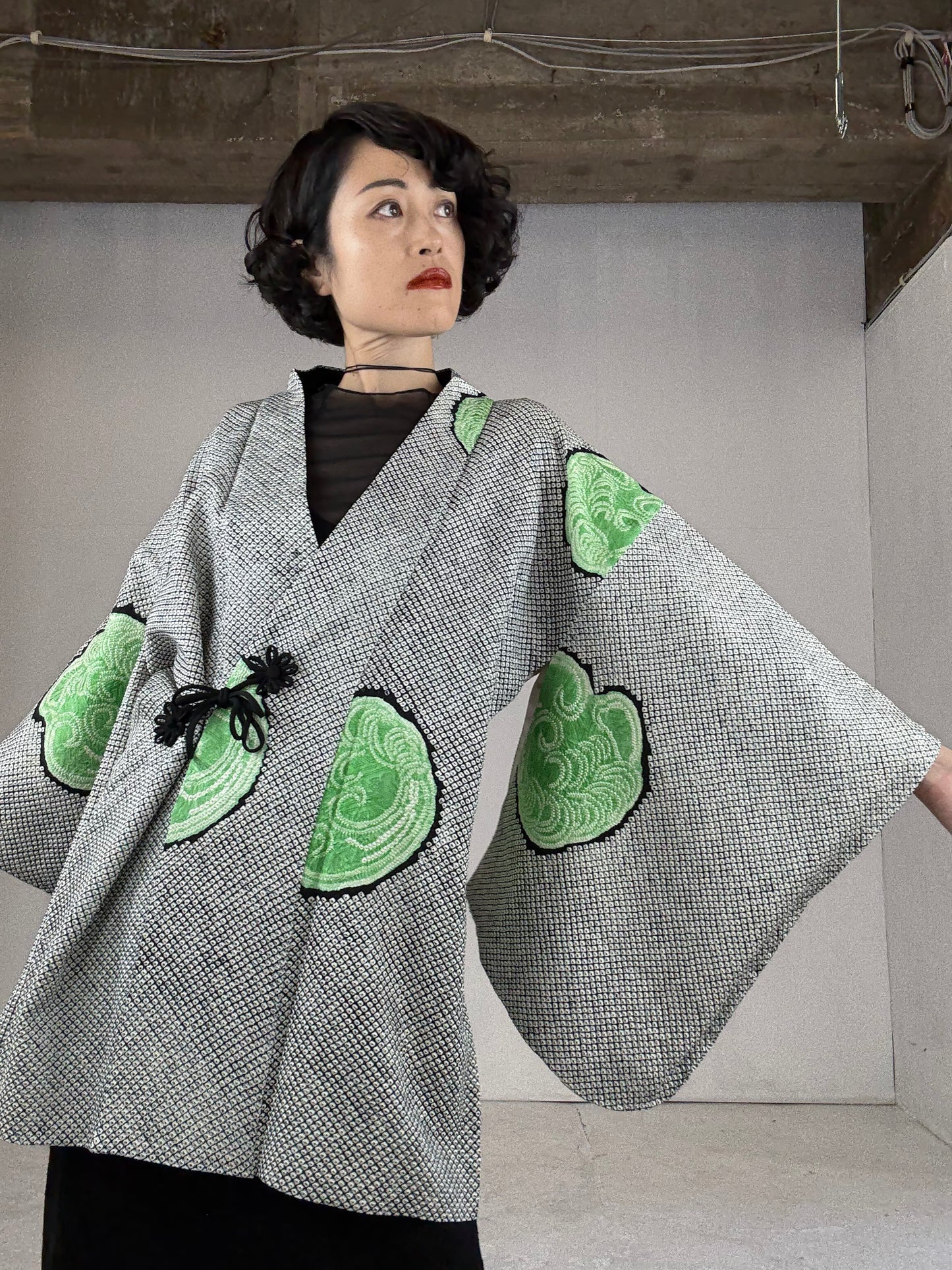 VINTAGE SHIBORI DOUCHUUGI - SPECIAL REPAIR PRODUCT “black, green, handmade silk tie”