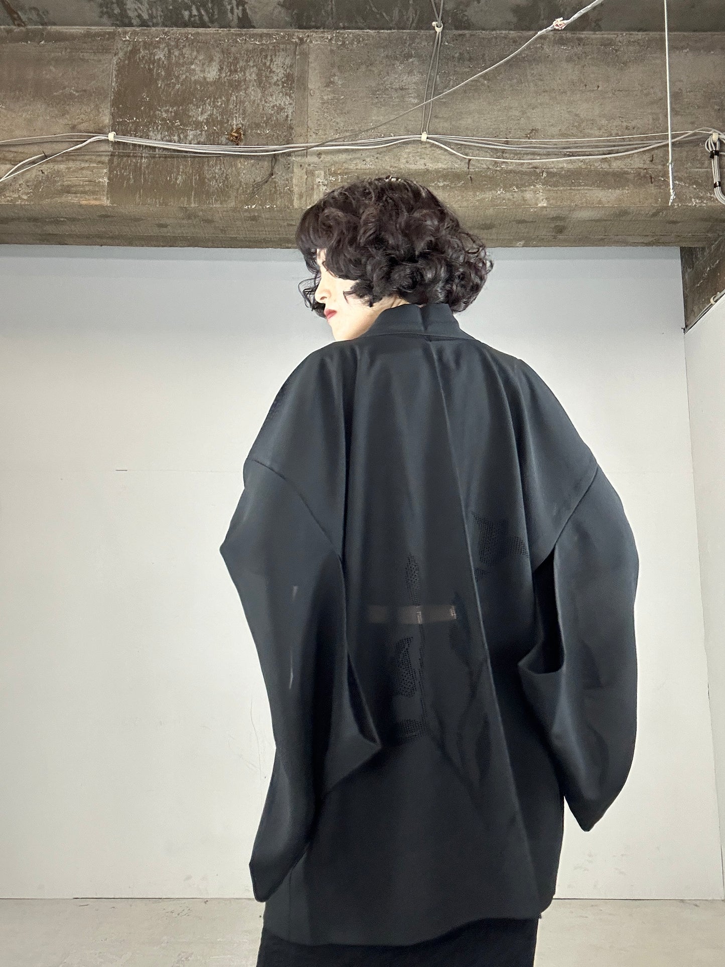 VINTAGE BLACK HAORI SHEER “ro, kusabana"