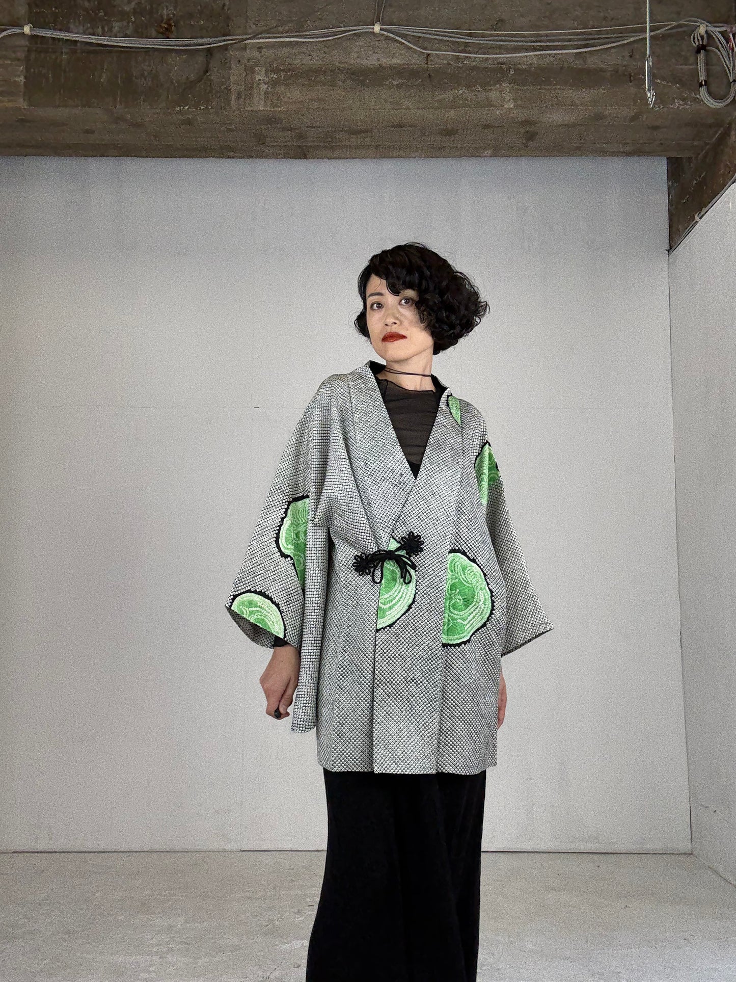 VINTAGE SHIBORI DOUCHUUGI - SPECIAL REPAIR PRODUCT “black, green, handmade silk tie”