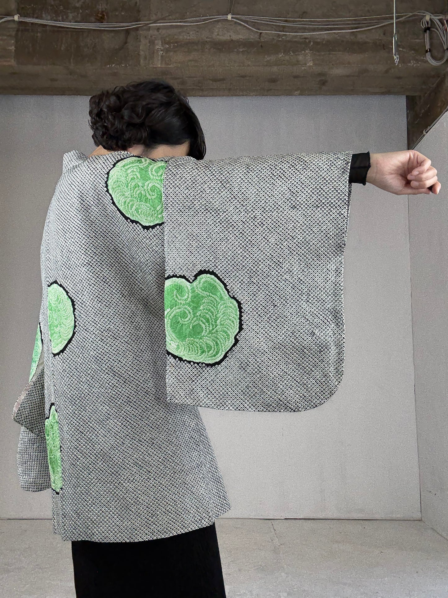 VINTAGE SHIBORI DOUCHUUGI - SPECIAL REPAIR PRODUCT “black, green, handmade silk tie”