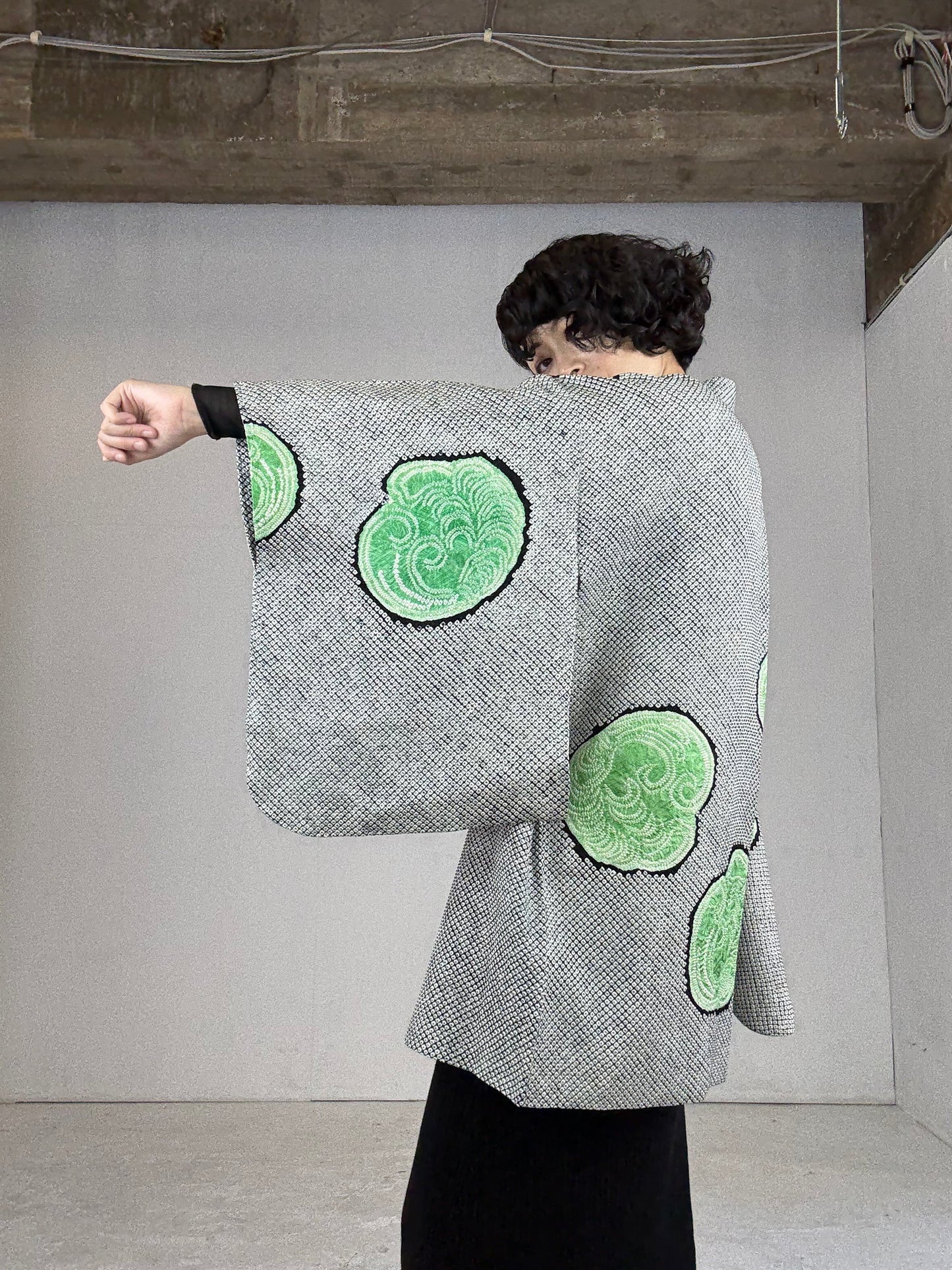 VINTAGE SHIBORI DOUCHUUGI - SPECIAL REPAIR PRODUCT “black, green, handmade silk tie”