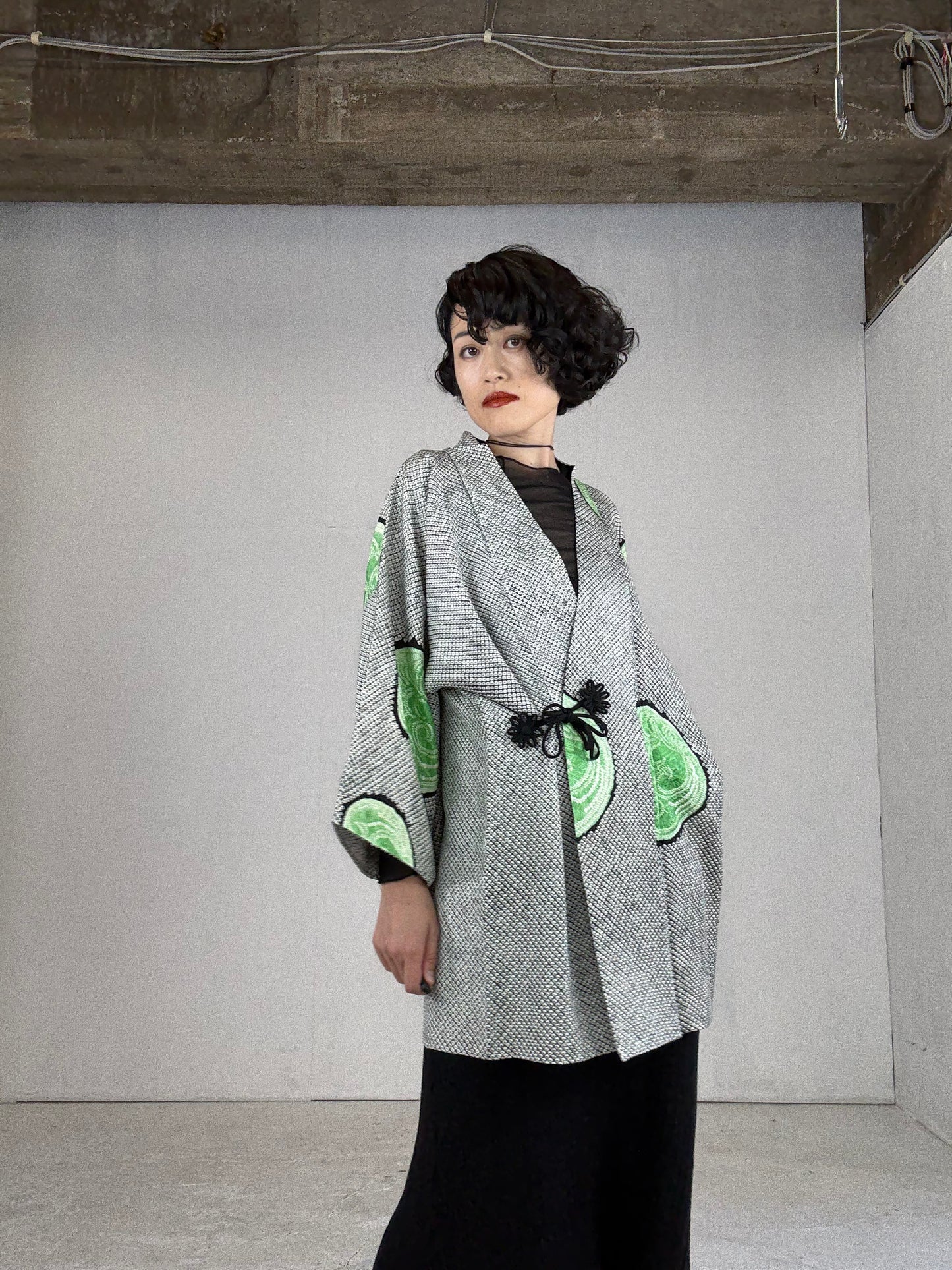 VINTAGE SHIBORI DOUCHUUGI - SPECIAL REPAIR PRODUCT “black, green, handmade silk tie”