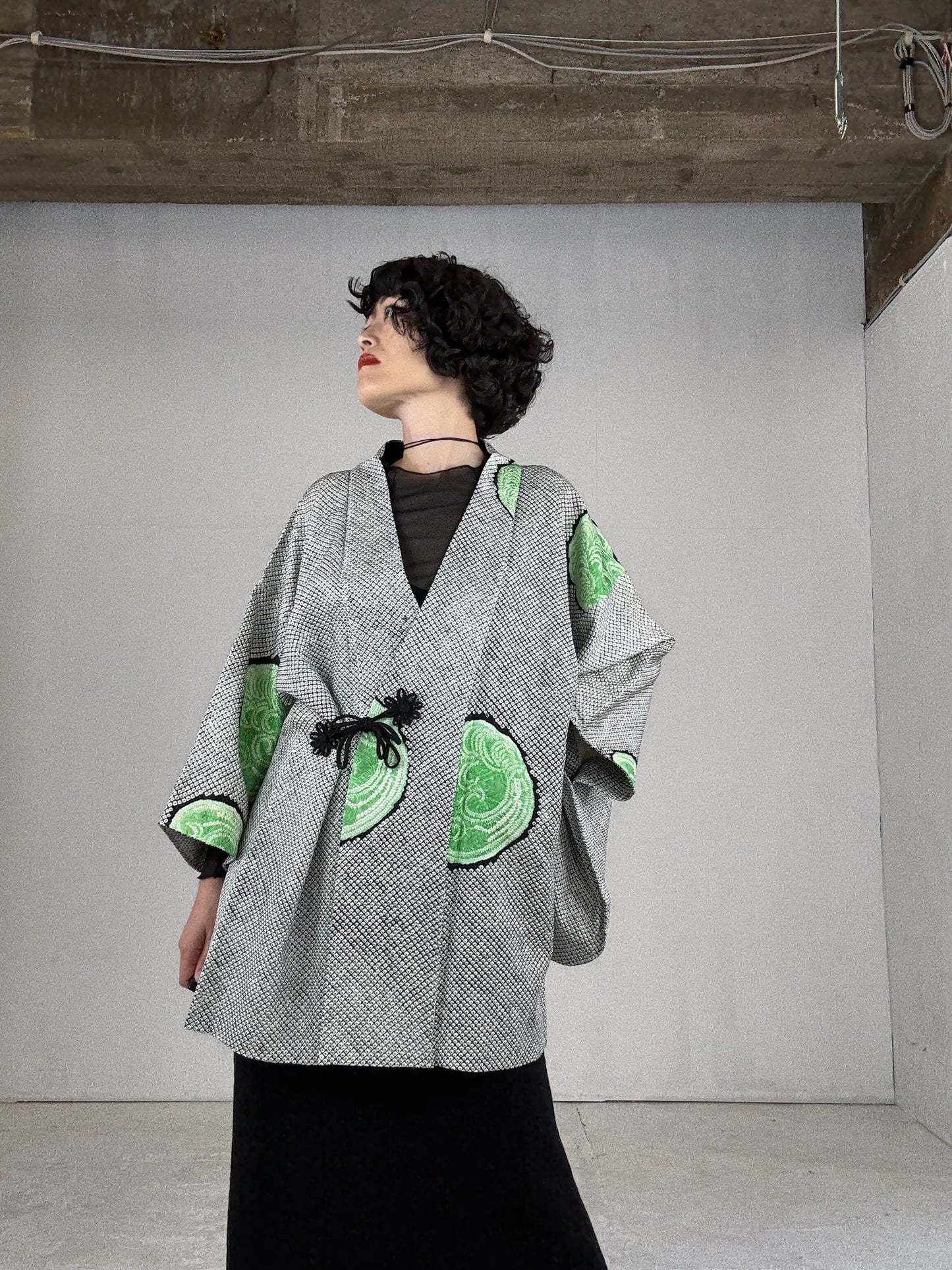 VINTAGE SHIBORI DOUCHUUGI - SPECIAL REPAIR PRODUCT “black, green, handmade silk tie”