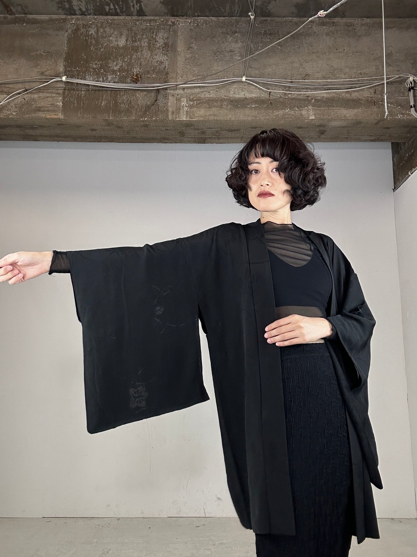 VINTAGE BLACK HAORI SHEER “kikyo, nadeshiko"