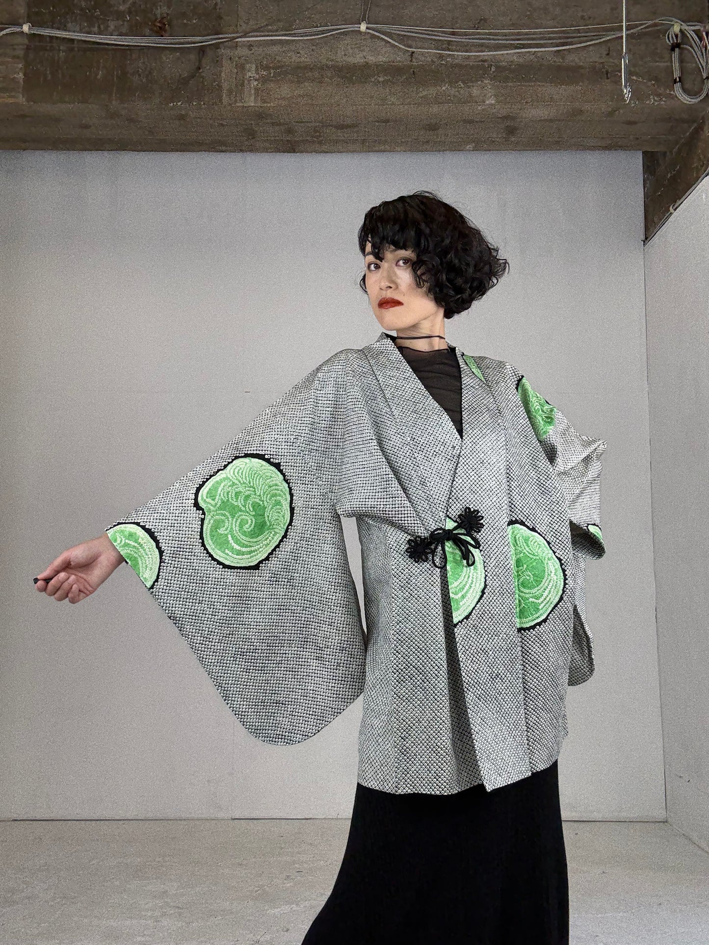 VINTAGE SHIBORI DOUCHUUGI - SPECIAL REPAIR PRODUCT “black, green, handmade silk tie”