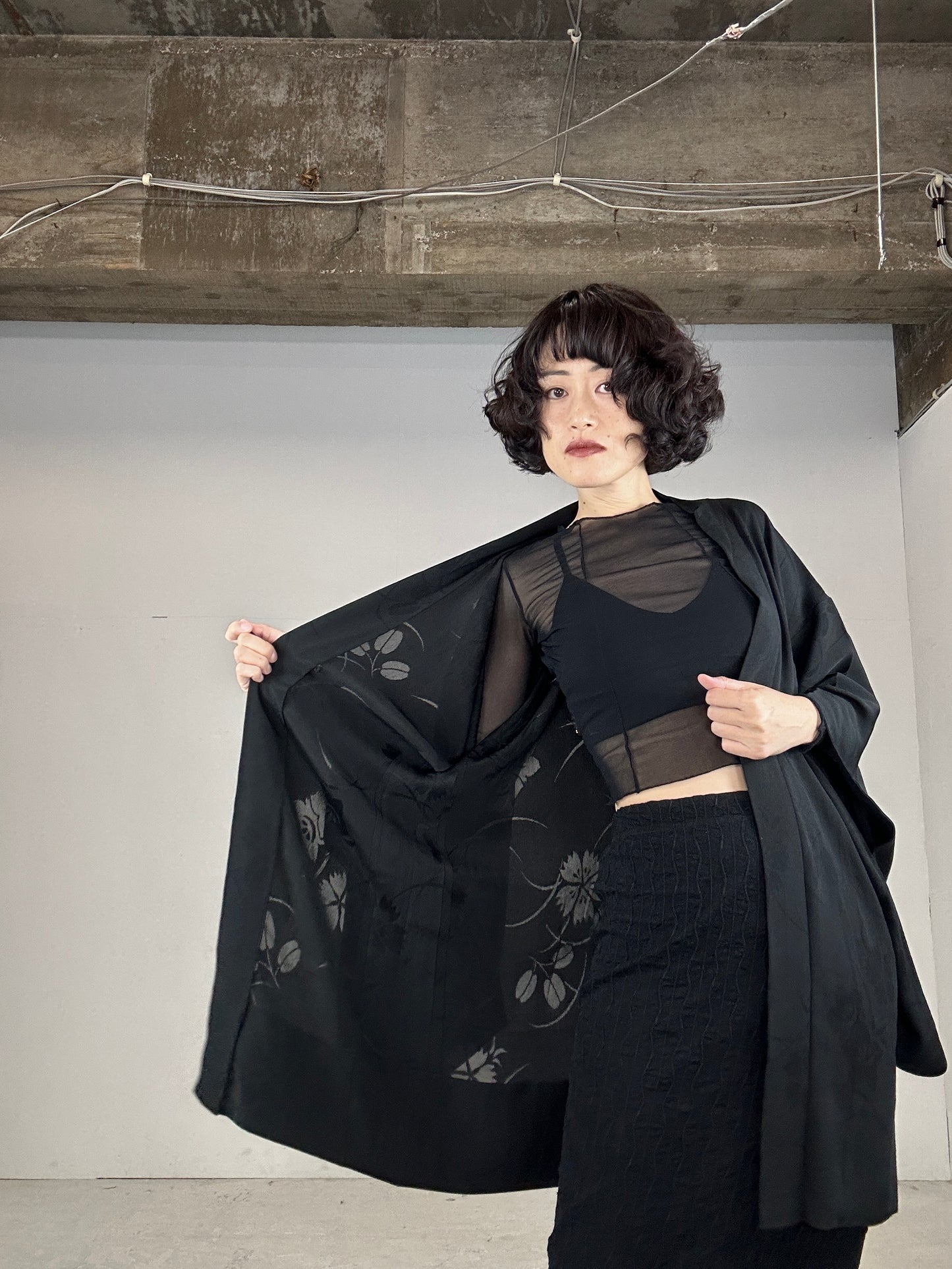 VINTAGE BLACK HAORI SHEER “kikyo, nadeshiko"