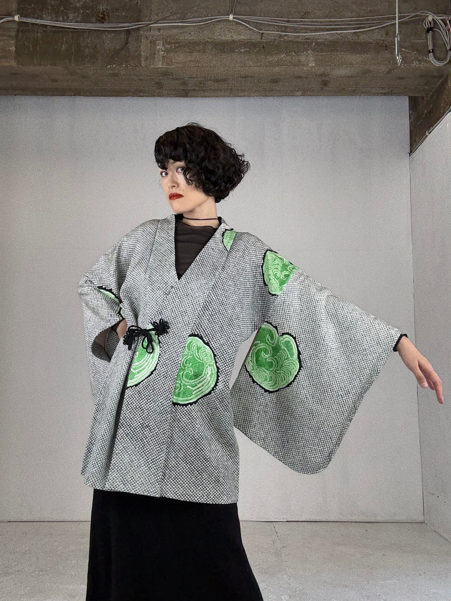 VINTAGE SHIBORI DOUCHUUGI - SPECIAL REPAIR PRODUCT “black, green, handmade silk tie”