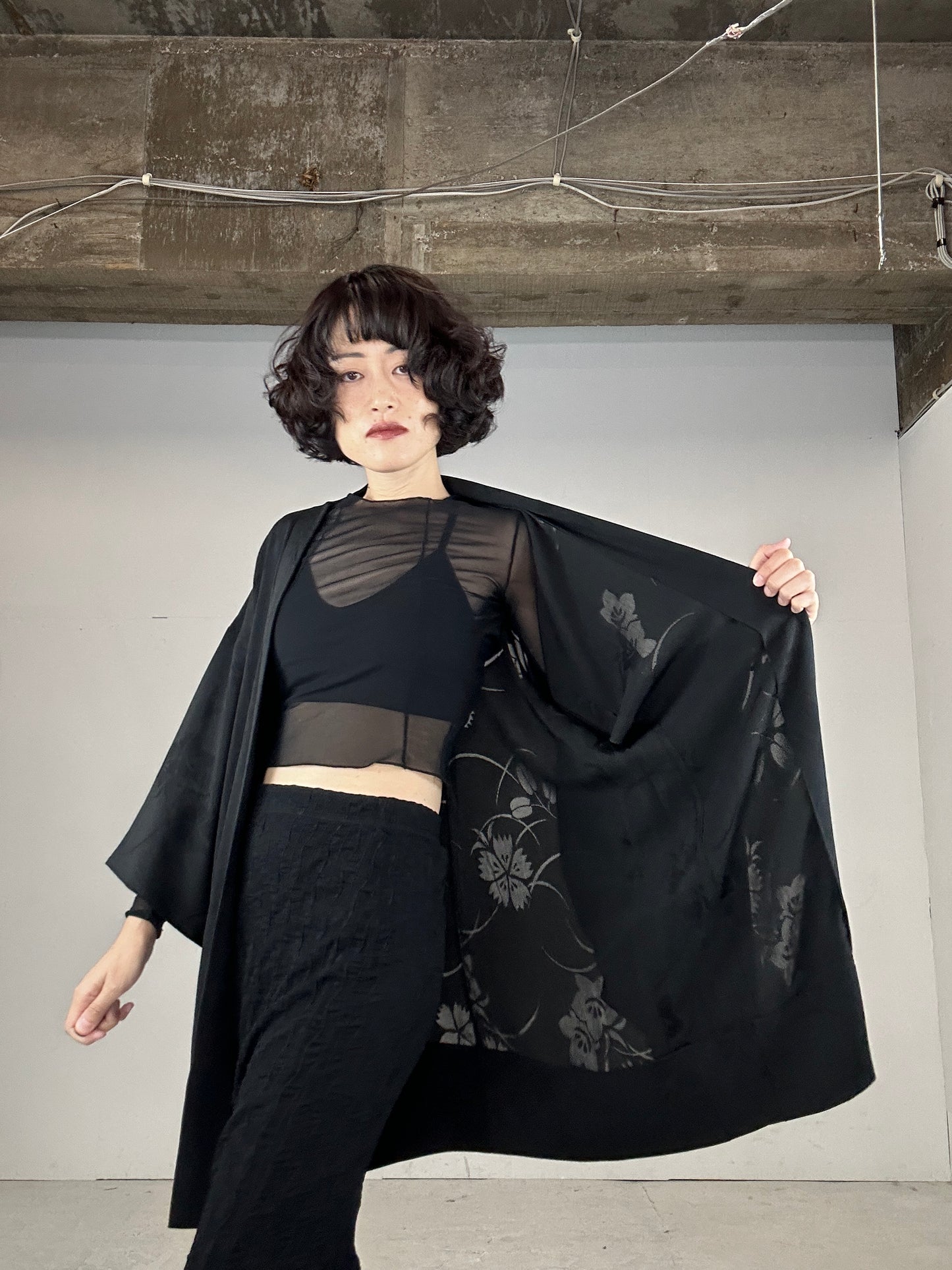 VINTAGE BLACK HAORI SHEER “kikyo, nadeshiko"