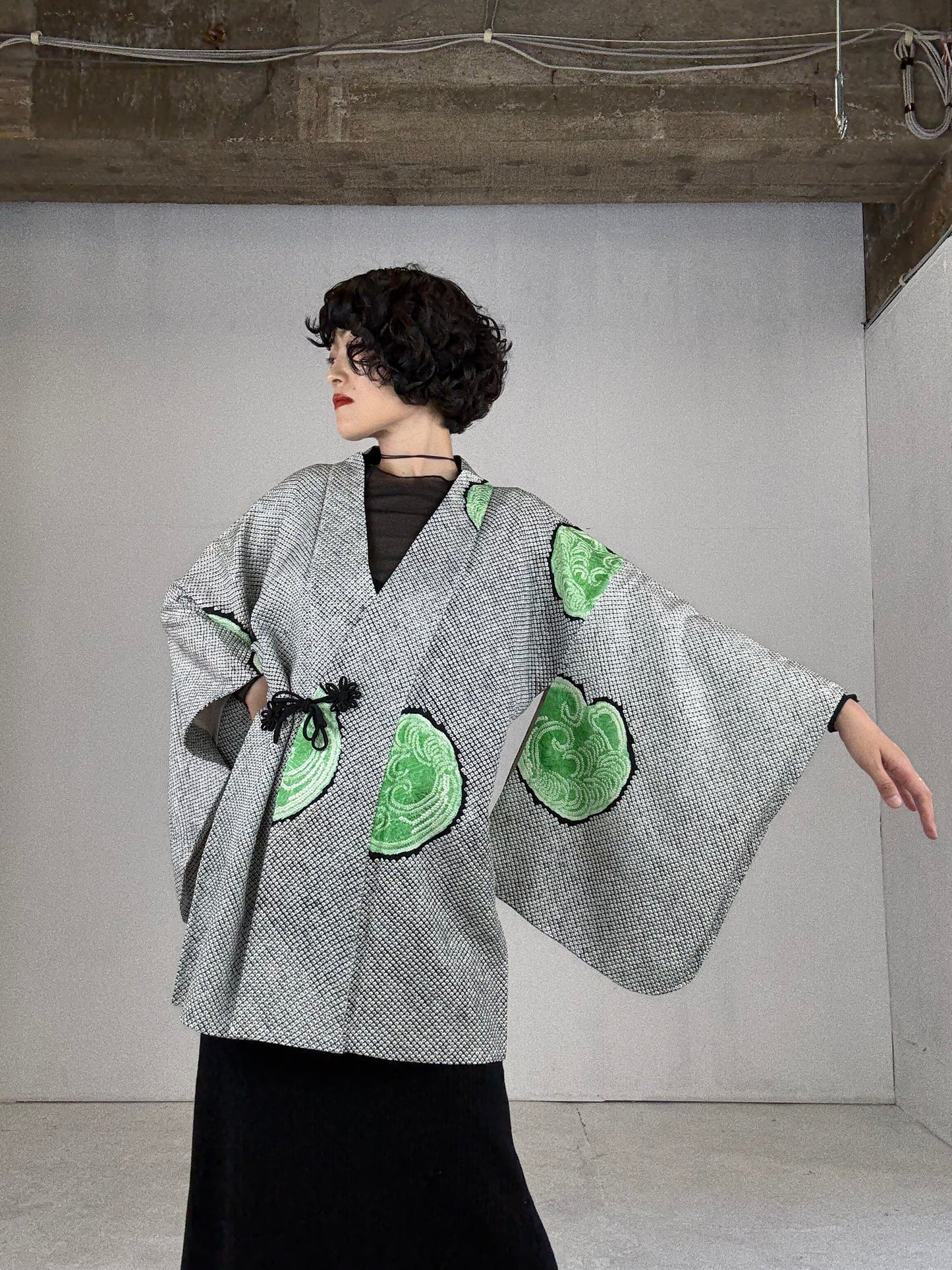 VINTAGE SHIBORI DOUCHUUGI - SPECIAL REPAIR PRODUCT “black, green, handmade silk tie”