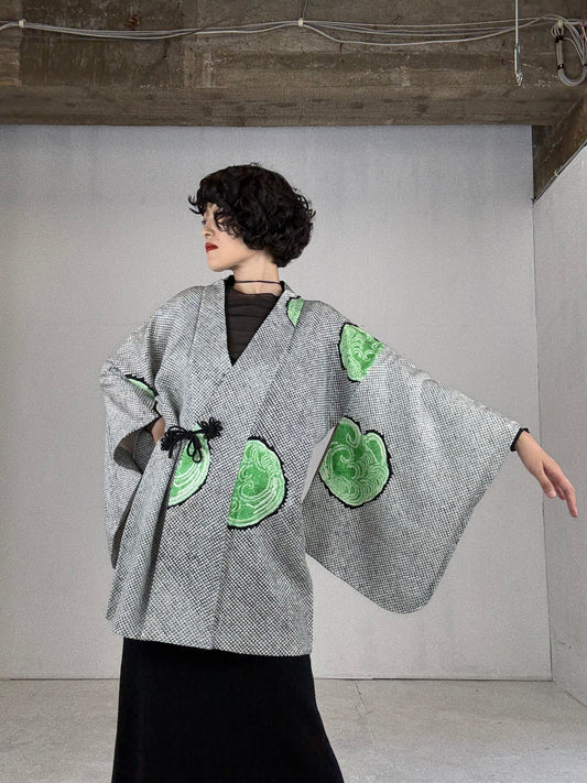 VINTAGE SHIBORI DOUCHUUGI - SPECIAL REPAIR PRODUCT “black, green, handmade silk tie”