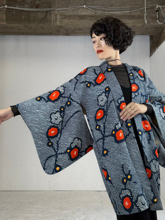 VINTAGE SHIBORI HAORI "navy-blue, red , flower"