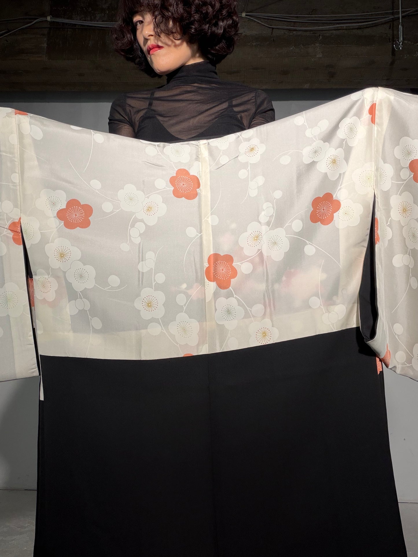 VINTAGE BLACK HAORI  "ume, flower, BLK194"