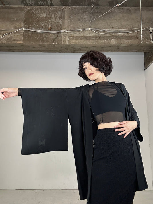 VINTAGE BLACK HAORI SHEER “kikyo, nadeshiko"