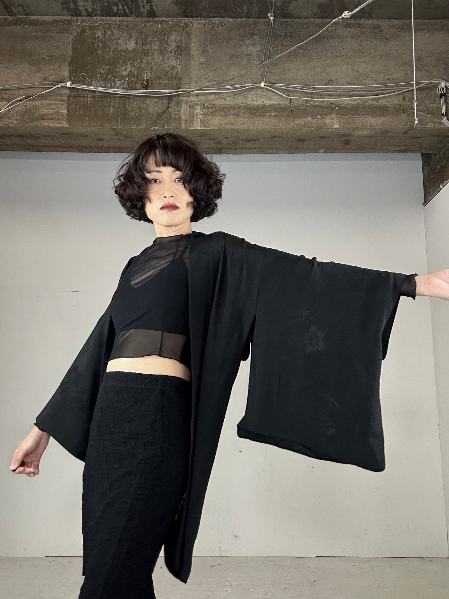 VINTAGE BLACK HAORI SHEER “kikyo, nadeshiko"