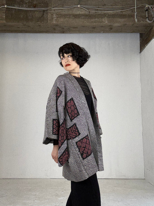 VINTAGE SHIBORI HAORI "black-purple, square"