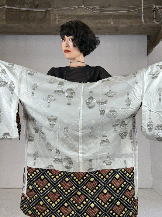 VINTAGE SHIBORI HAORI "black-brown, square"