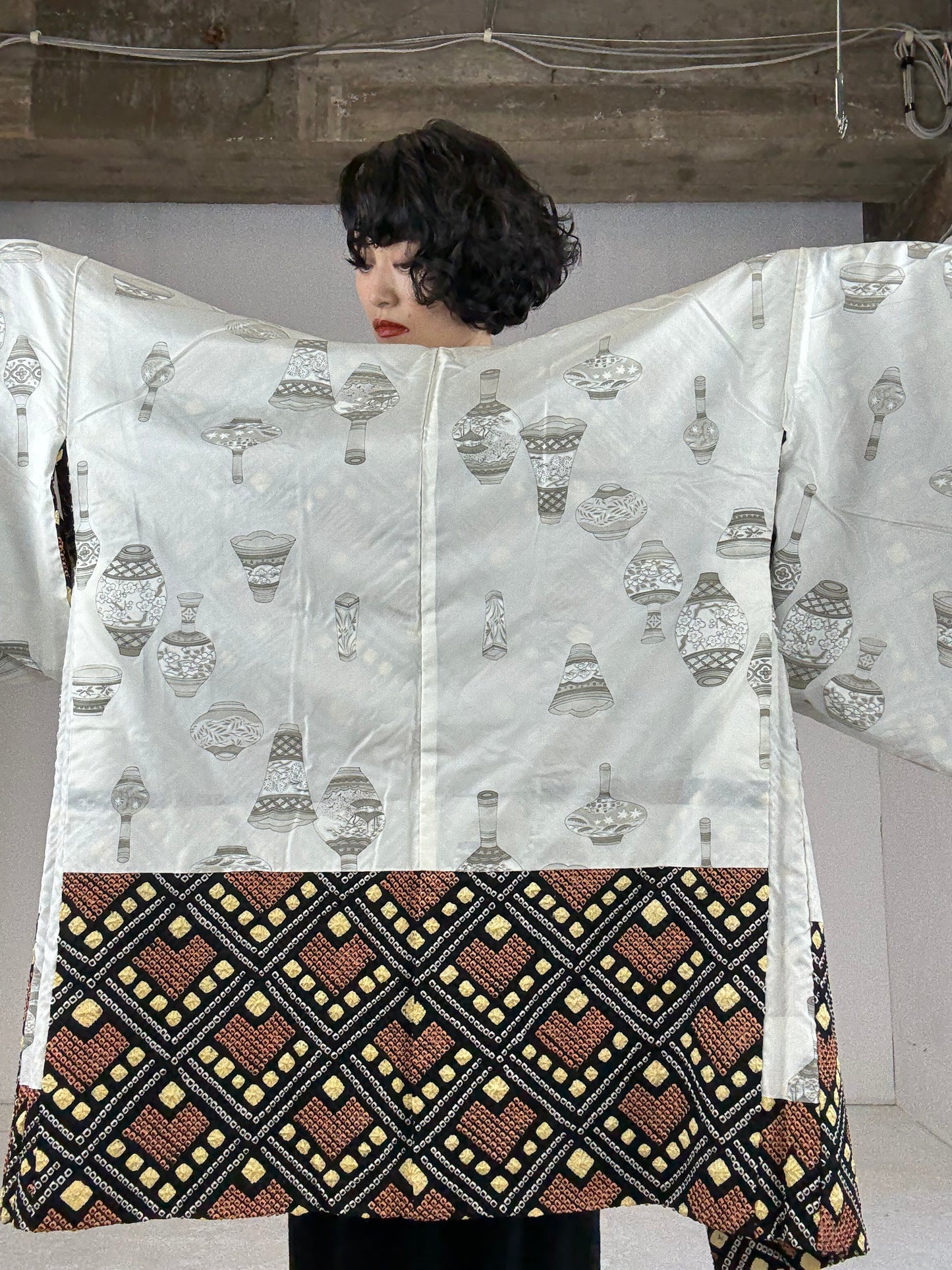 VINTAGE SHIBORI HAORI "black-brown, square"