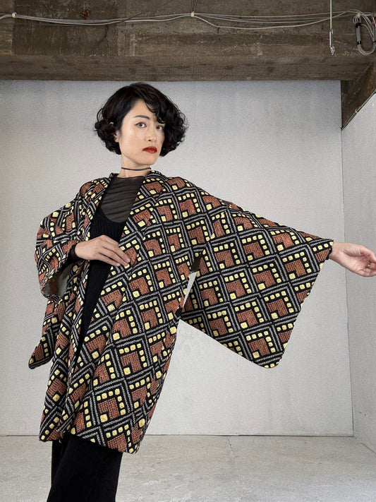 VINTAGE SHIBORI HAORI "black-brown, square"