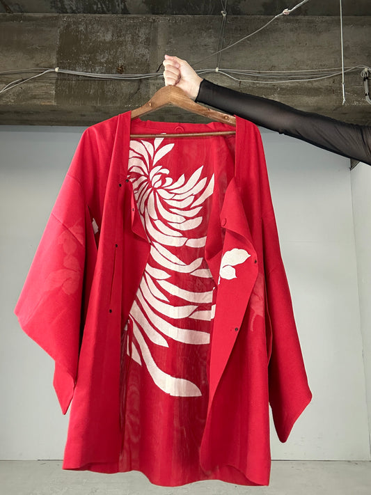 VINTAGE KAWAII HAORI SHEER “MICHIYUKI, red, kiku, SHH018” *high-damage