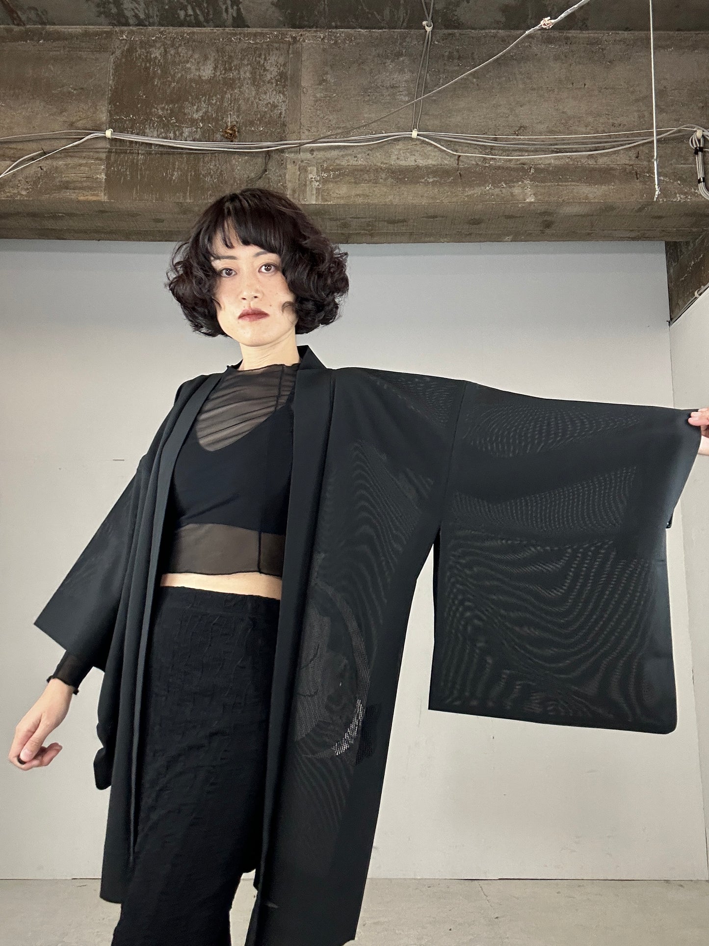 VINTAGE BLACK HAORI SHEER “ro, hana"