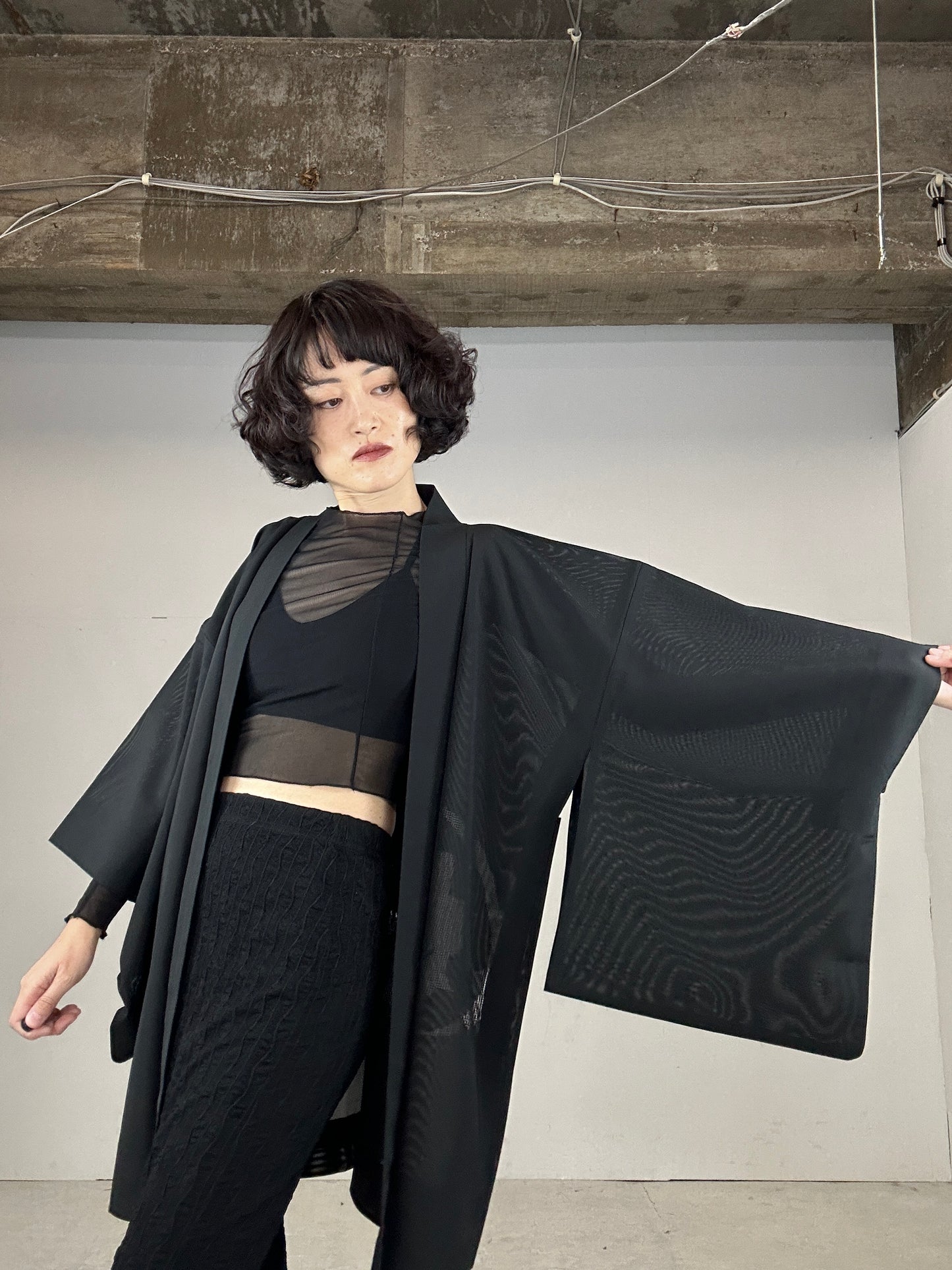 VINTAGE BLACK HAORI SHEER “ro, hana"