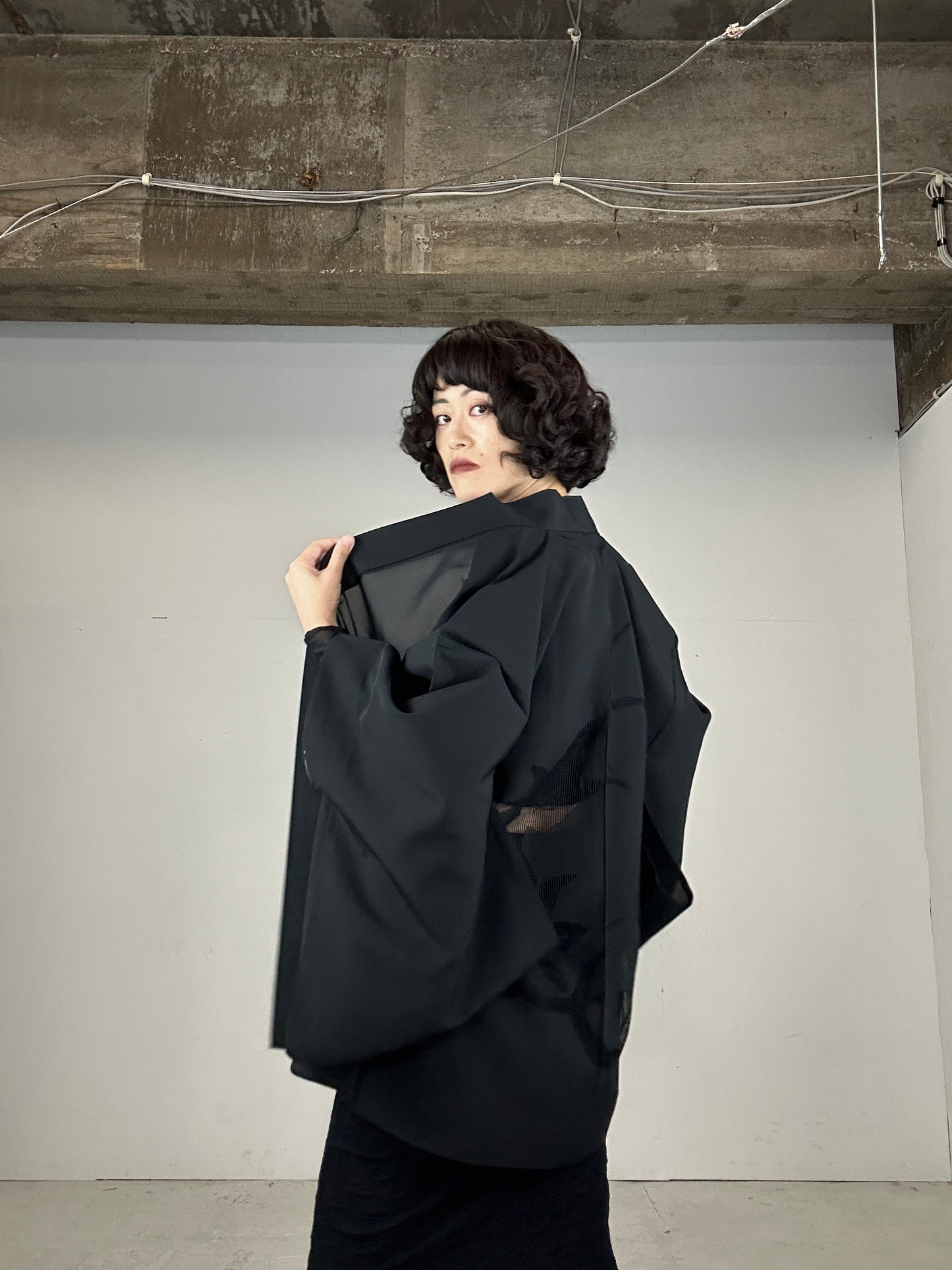 VINTAGE BLACK HAORI SHEER “ro, hana"