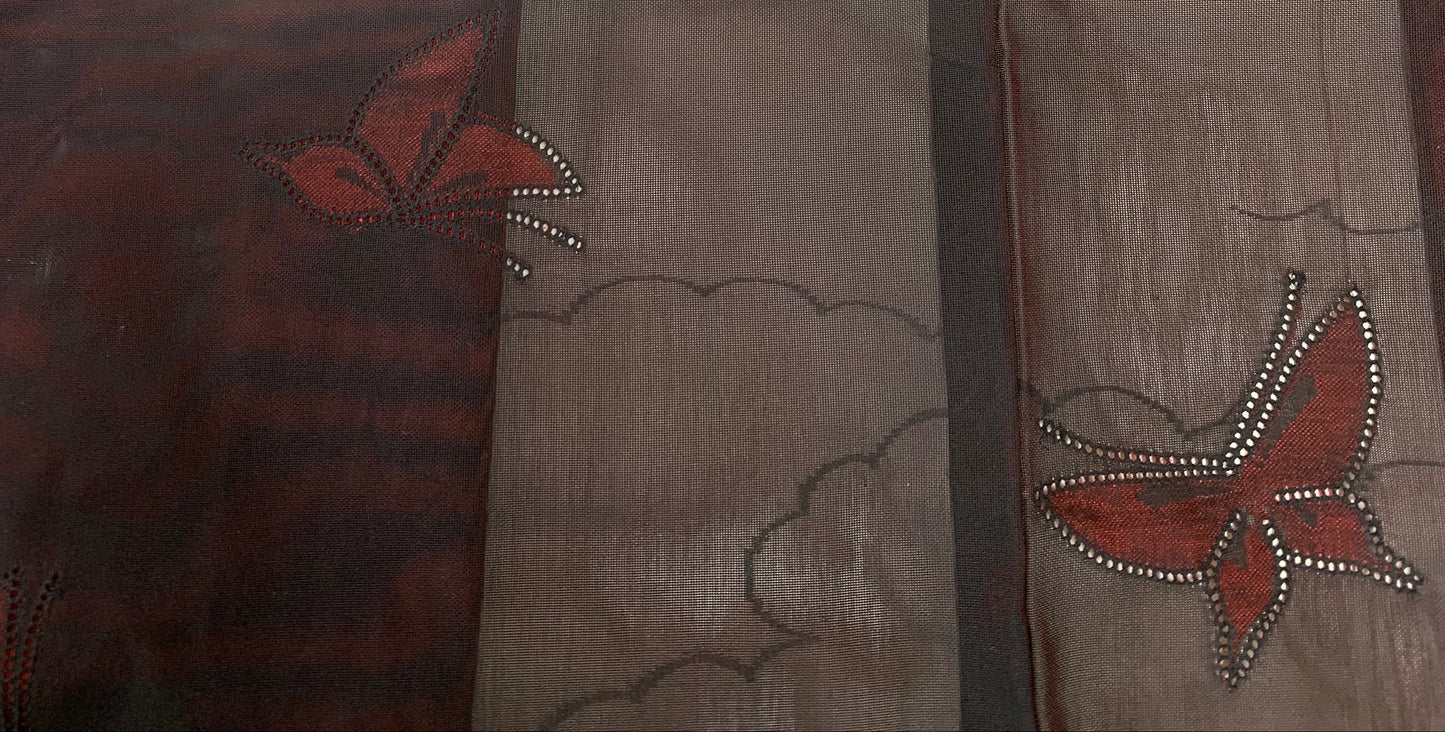 VINTAGE BLACK HAORI SHEER “sha, inside-red, butterfly, SHH026"