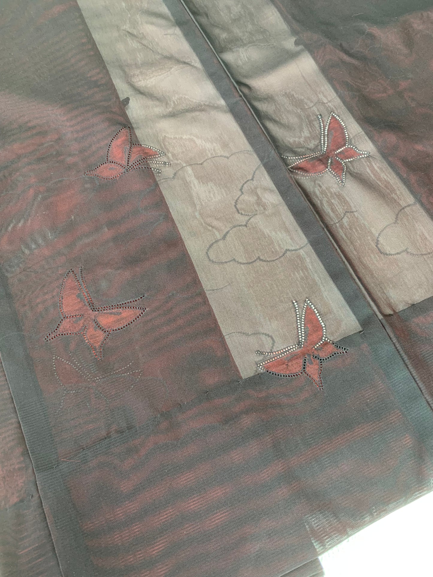 VINTAGE BLACK HAORI SHEER “sha, inside-red, butterfly, SHH026"