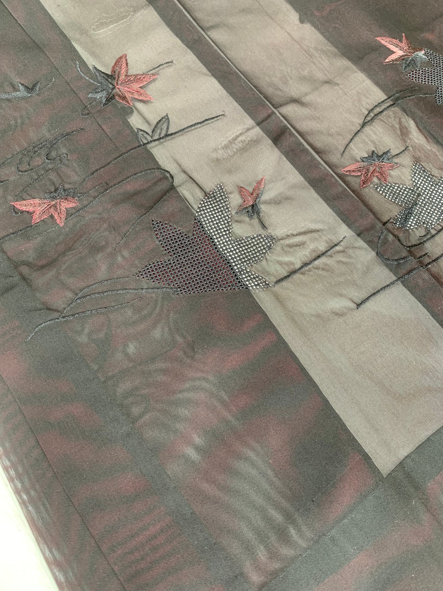VINTAGE BLACK HAORI SHEER “sha, inside-red, momiji, SHH031"