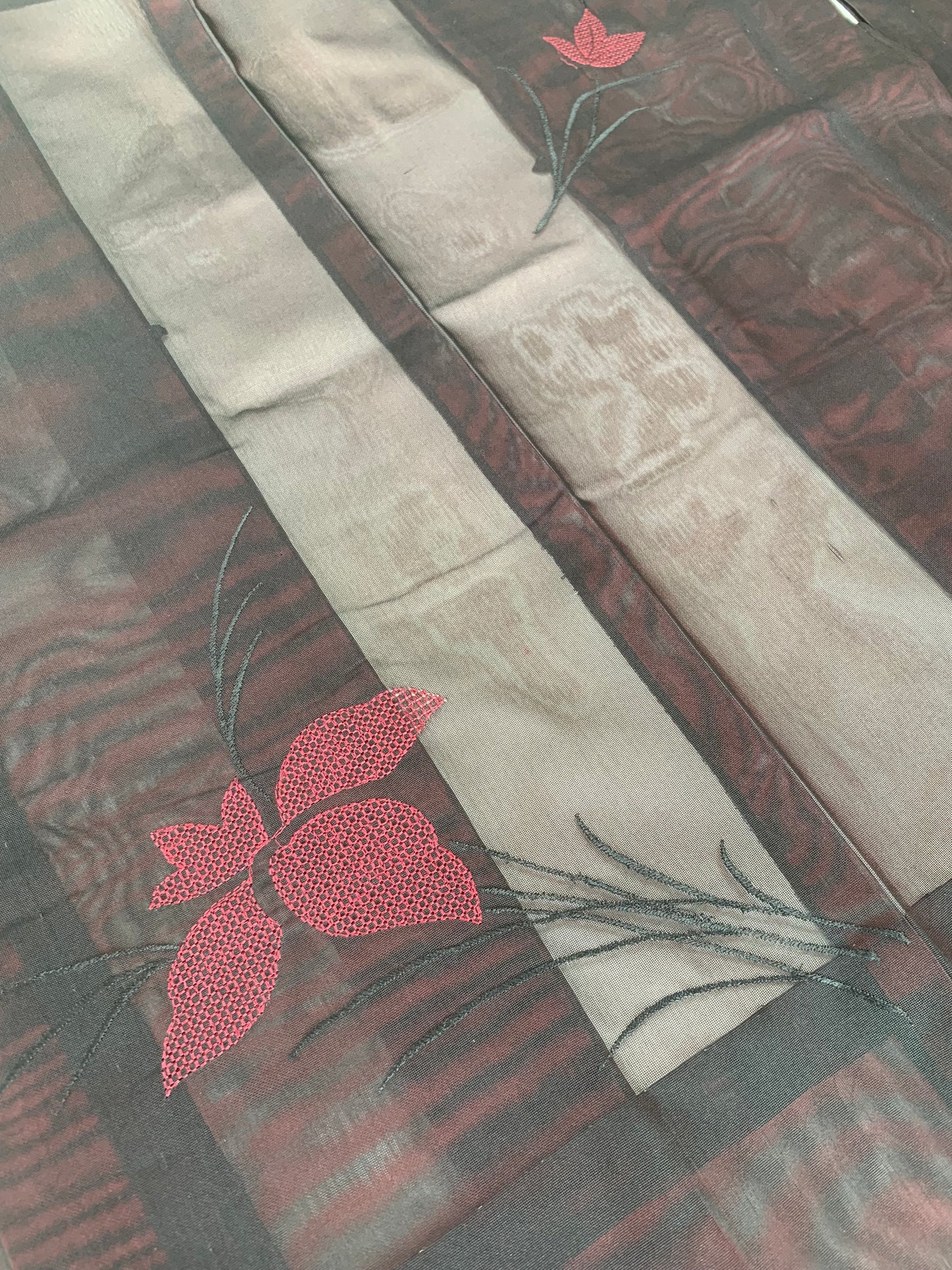 VINTAGE BLACK HAORI SHEER “sha, red, flower, SHH033"