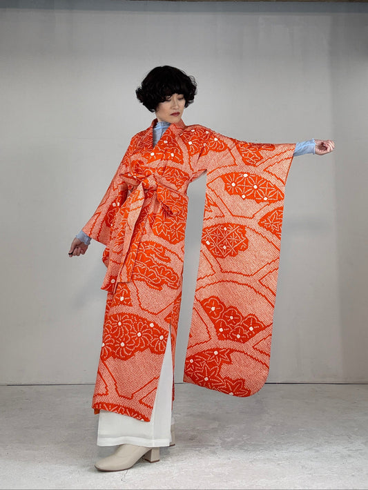 Furisode Kimono dress gown and string belt upcycled from Japanese kimono "shu, ougi flower"