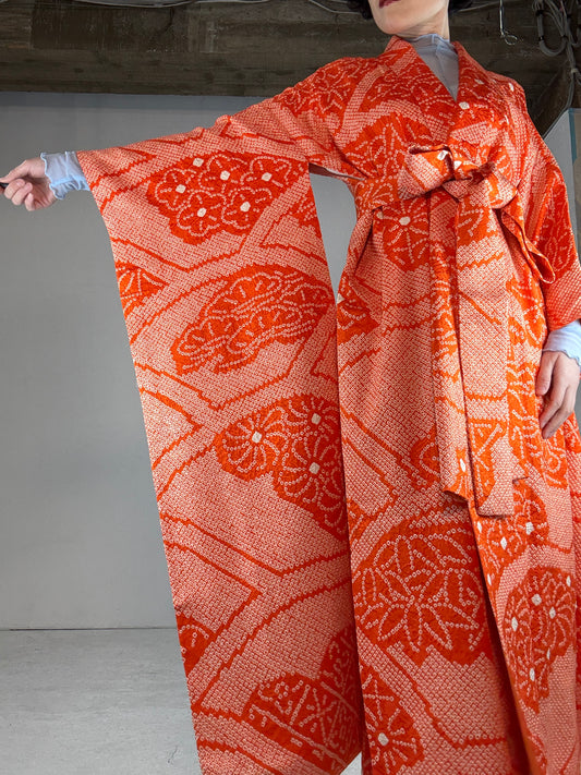 Furisode Kimono dress gown and string belt upcycled from Japanese kimono "shu, ougi flower"