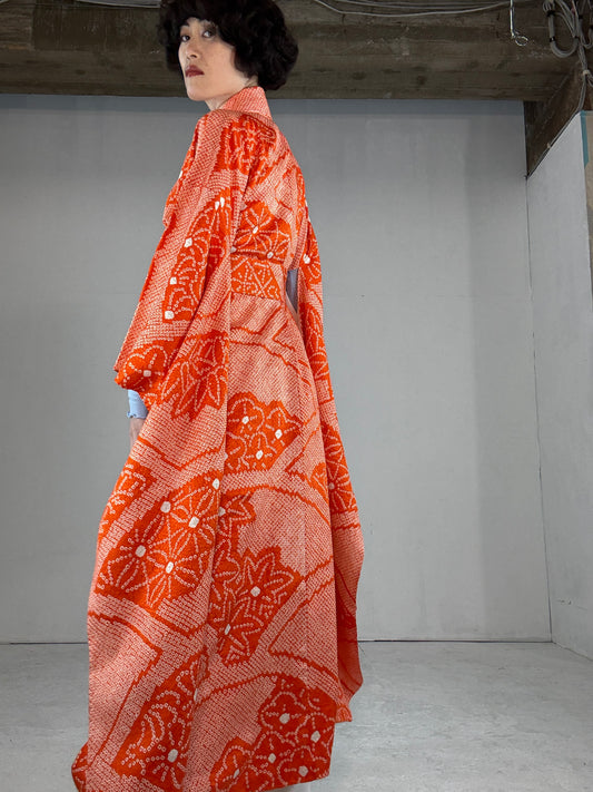 Furisode Kimono dress gown and string belt upcycled from Japanese kimono "shu, ougi flower"