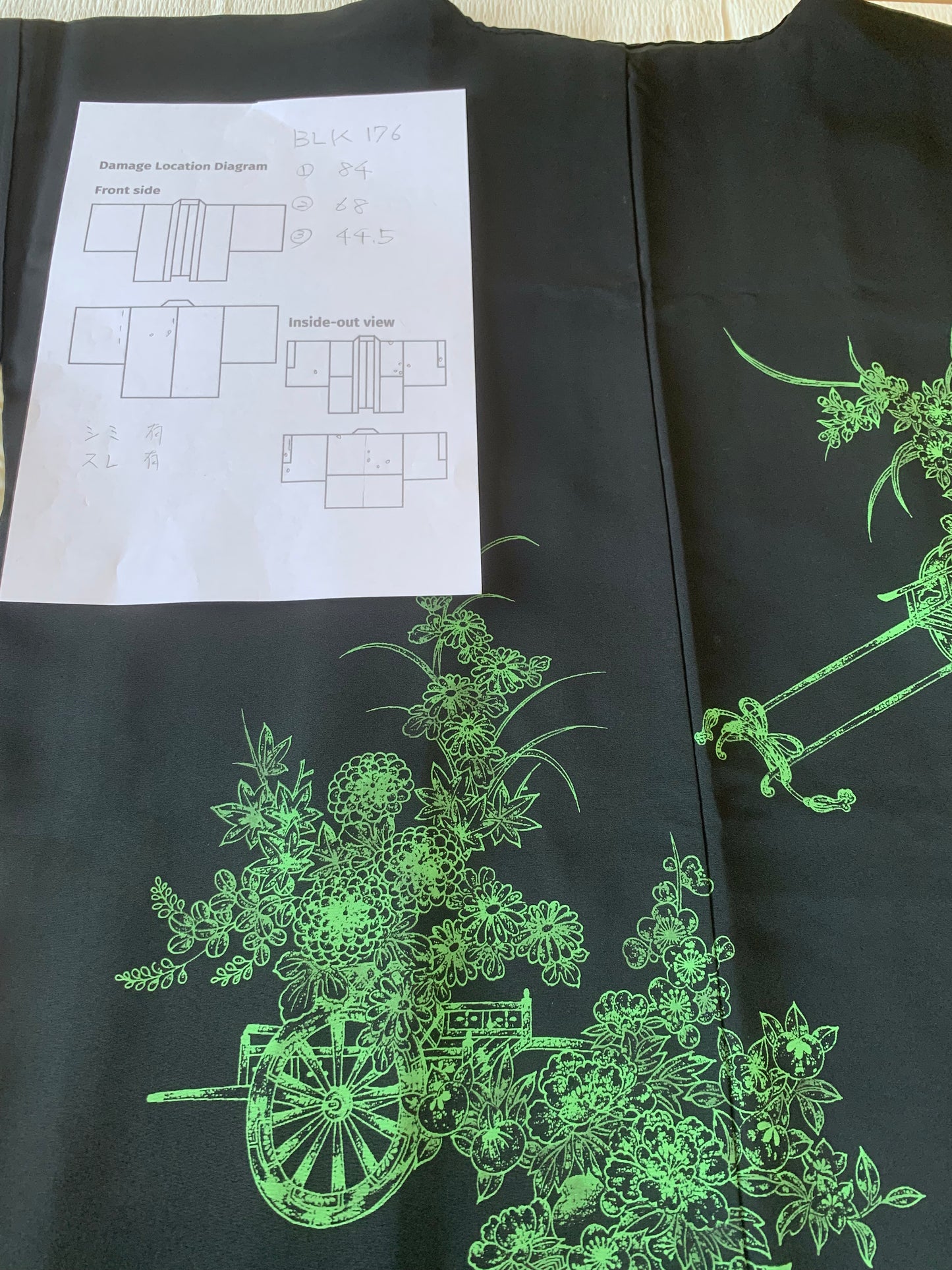 VINTAGE BLACK HAORI  "green, hanaguruma, BLK176" *damage
