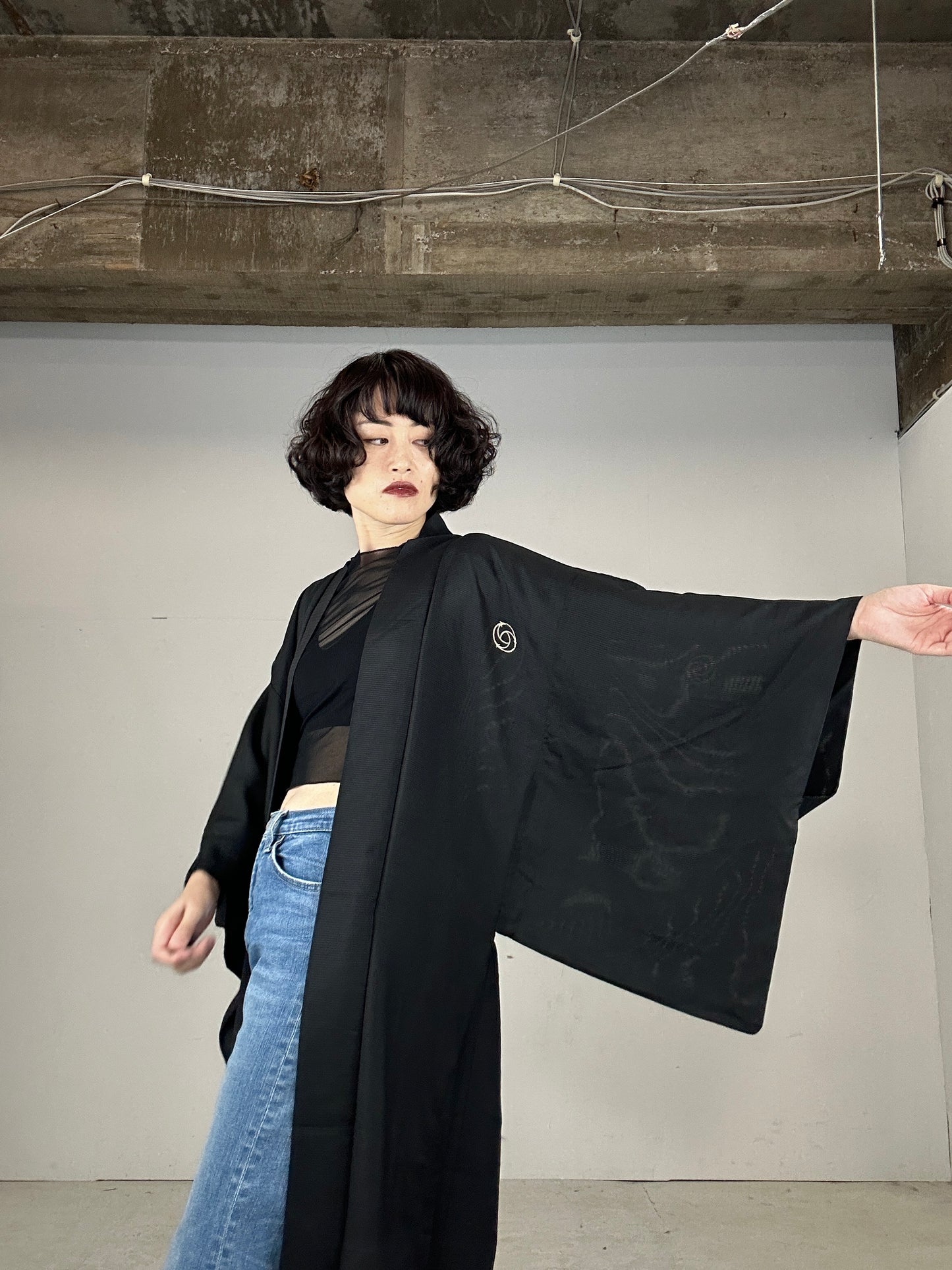 BLACK HAORI SHEER "men's Montsuki"